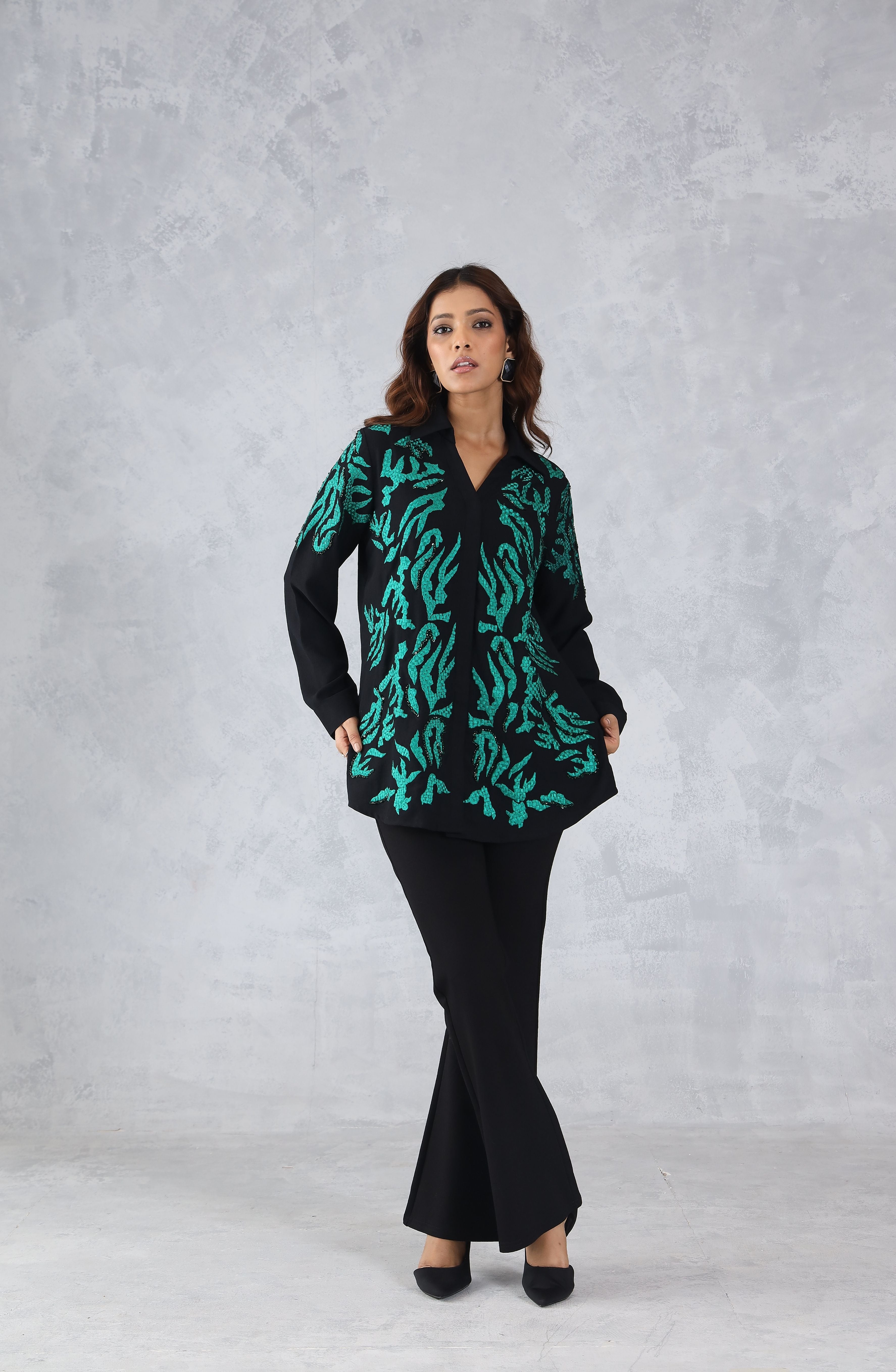 Black & Green Abstract Embroidered Shirt