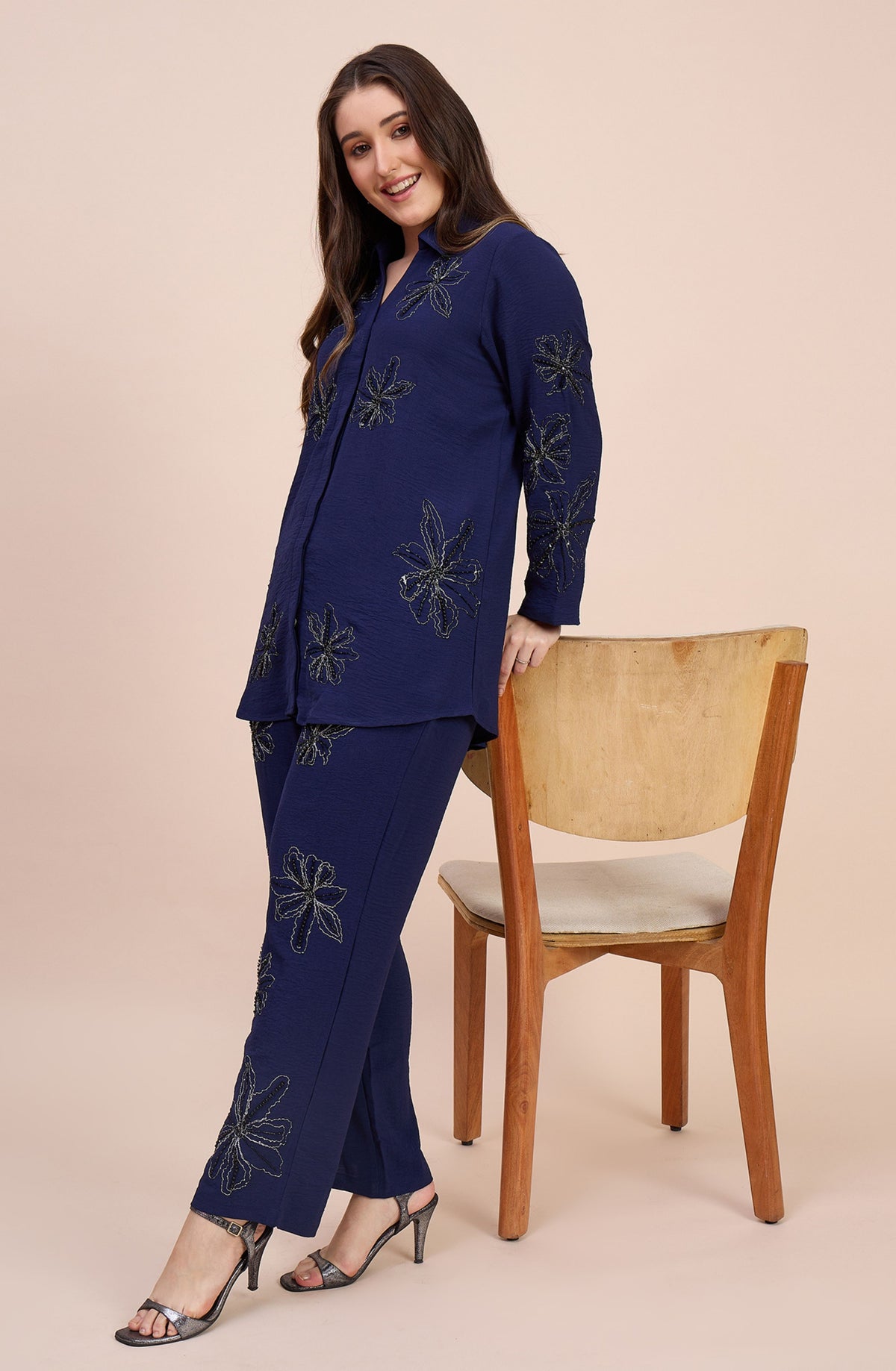 Navy Co-ord Set with All-Over Beaded Floral Motifs