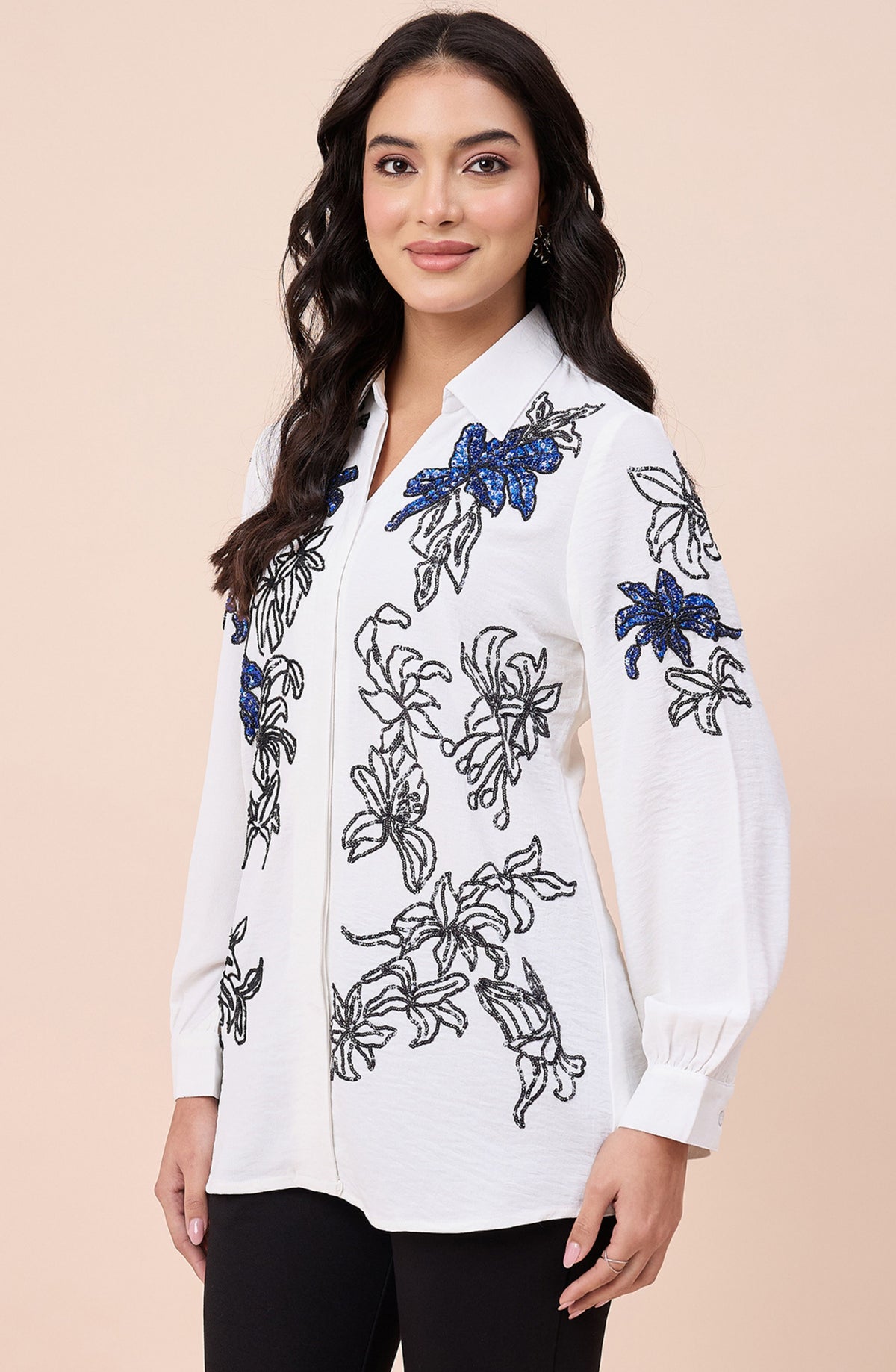 White Embellished Lily Shirt with Black & Navy Floral Detailing