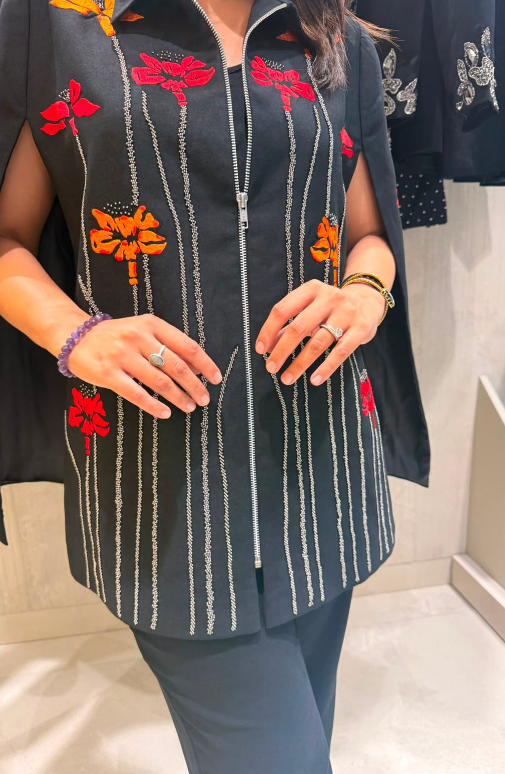 Black Floral Embellished Cape Co-Ord Set