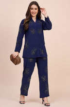 Navy Co-ord Set with All-Over Beaded Floral Motifs