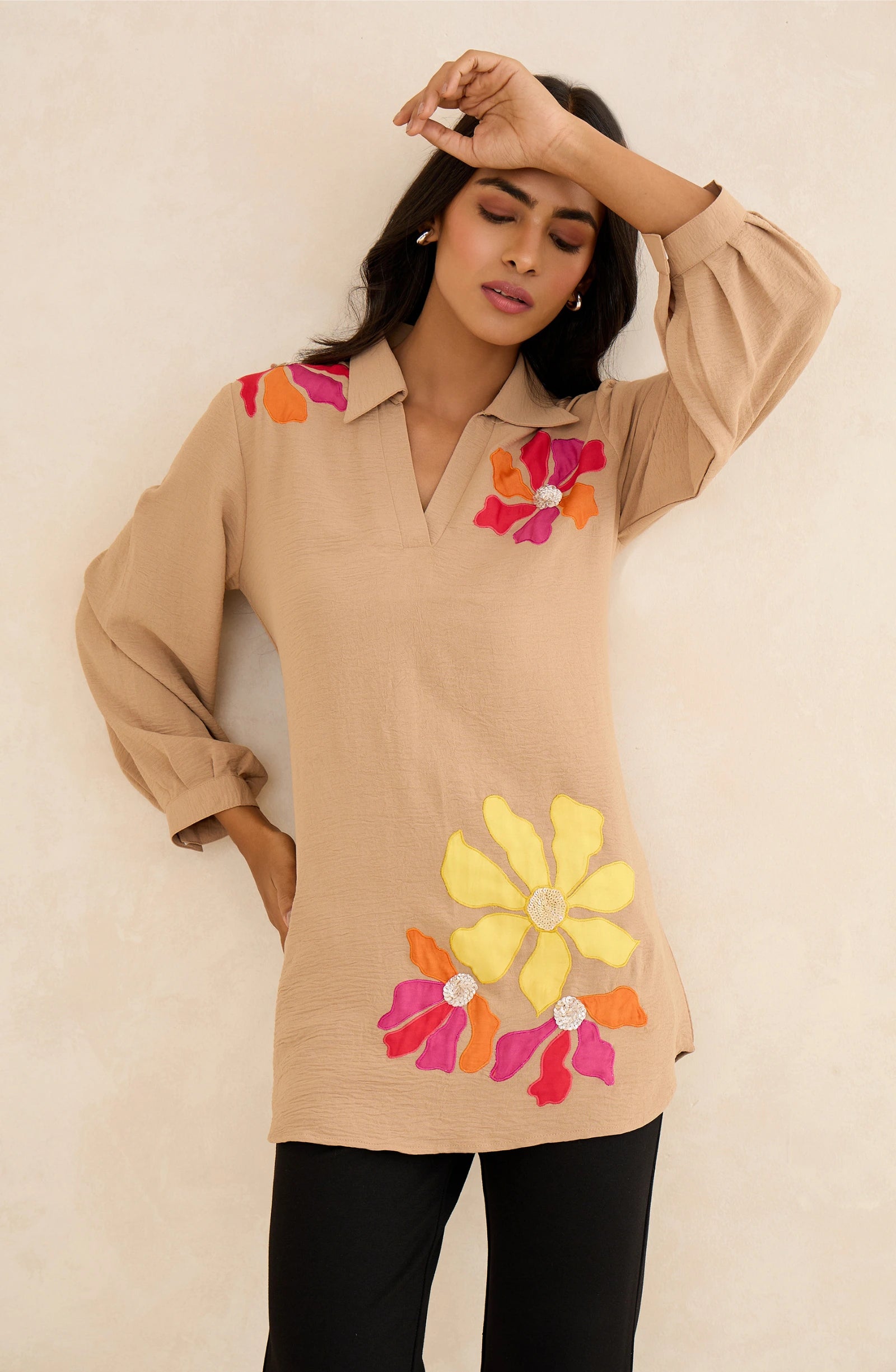 Beige Floral Patchwork Shirt