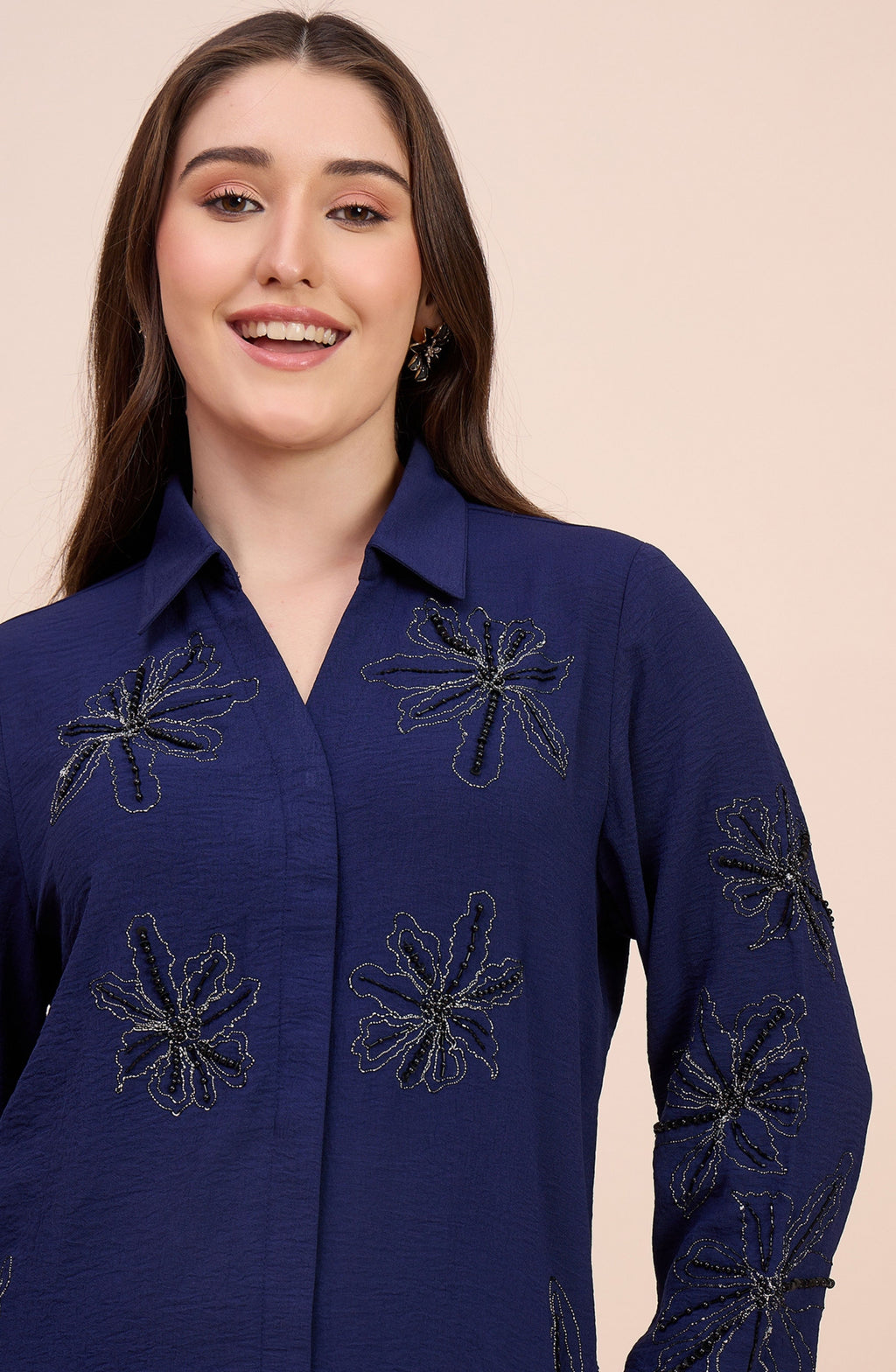Navy Co-ord Set with All-Over Beaded Floral Motifs