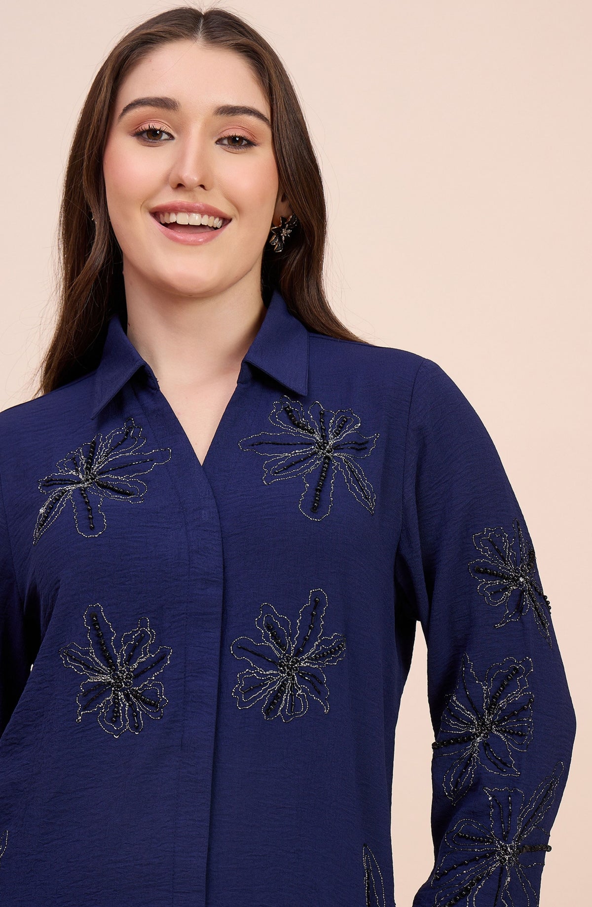 Navy Co-ord Set with All-Over Beaded Floral Motifs