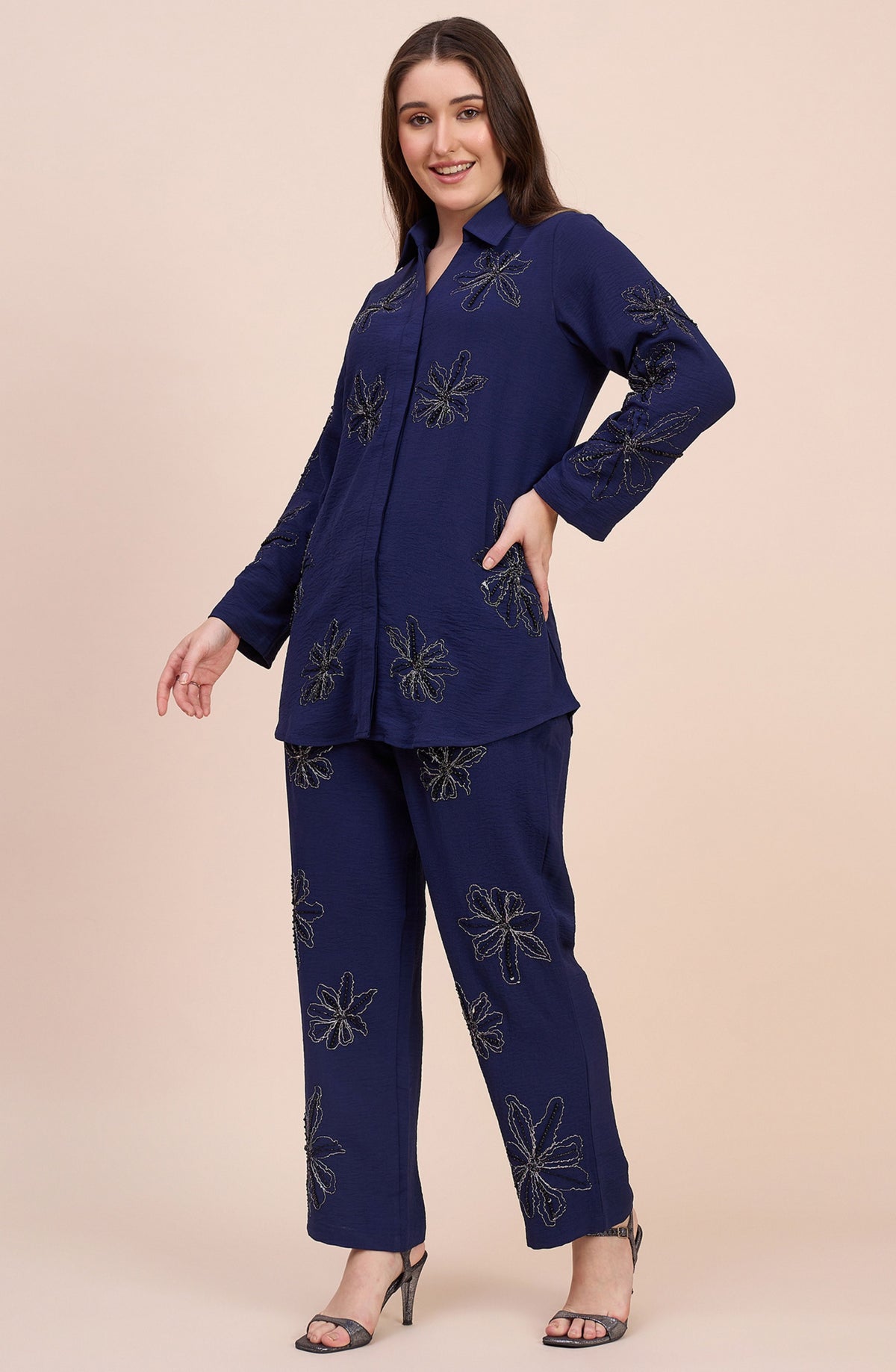 Navy Co-ord Set with All-Over Beaded Floral Motifs