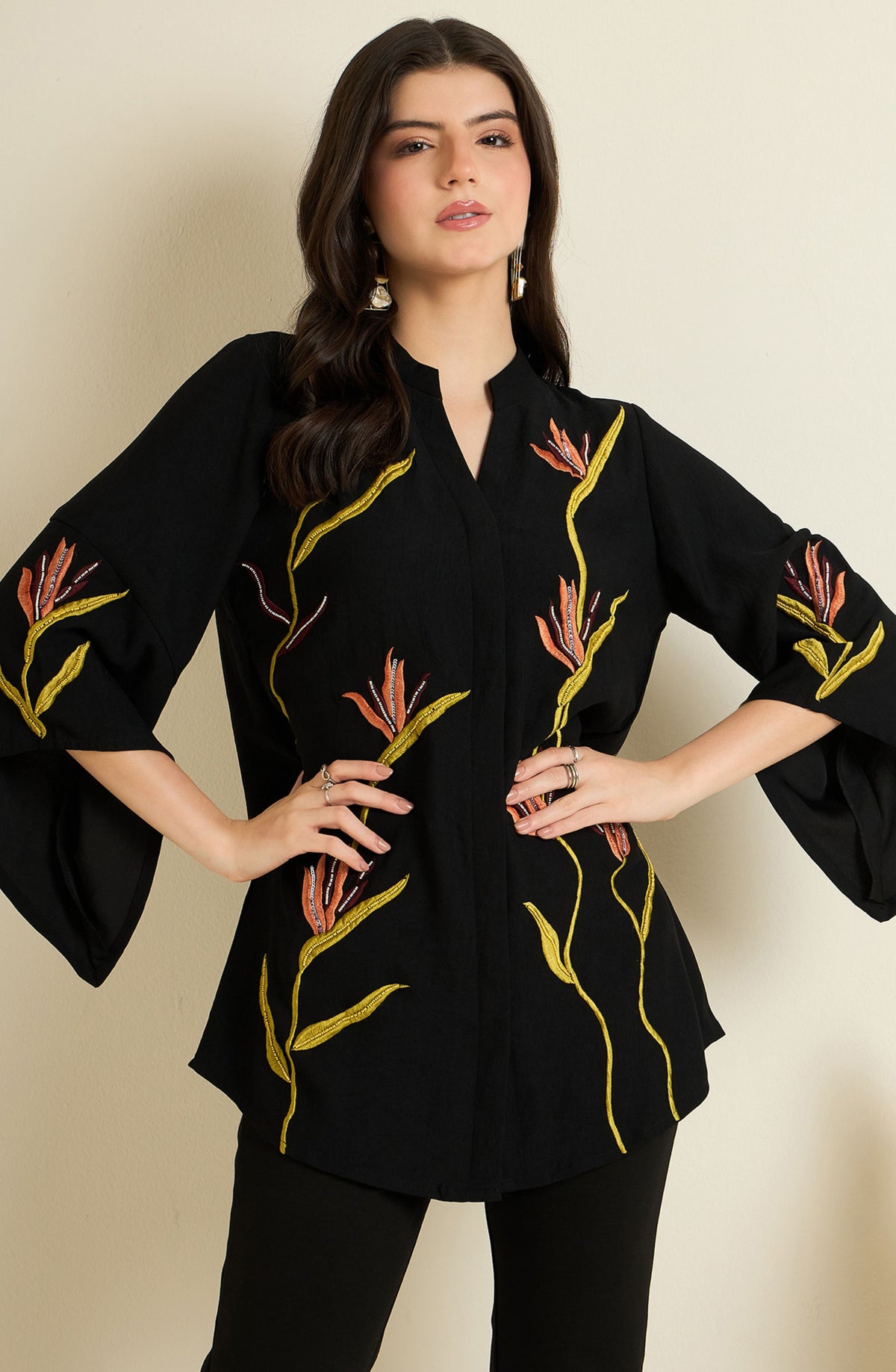 Black Shirt with Bird of Paradise Embroidery