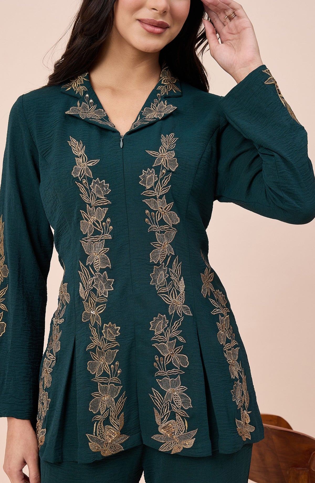 Bottle Green Zari Embroidered Co-ord Set