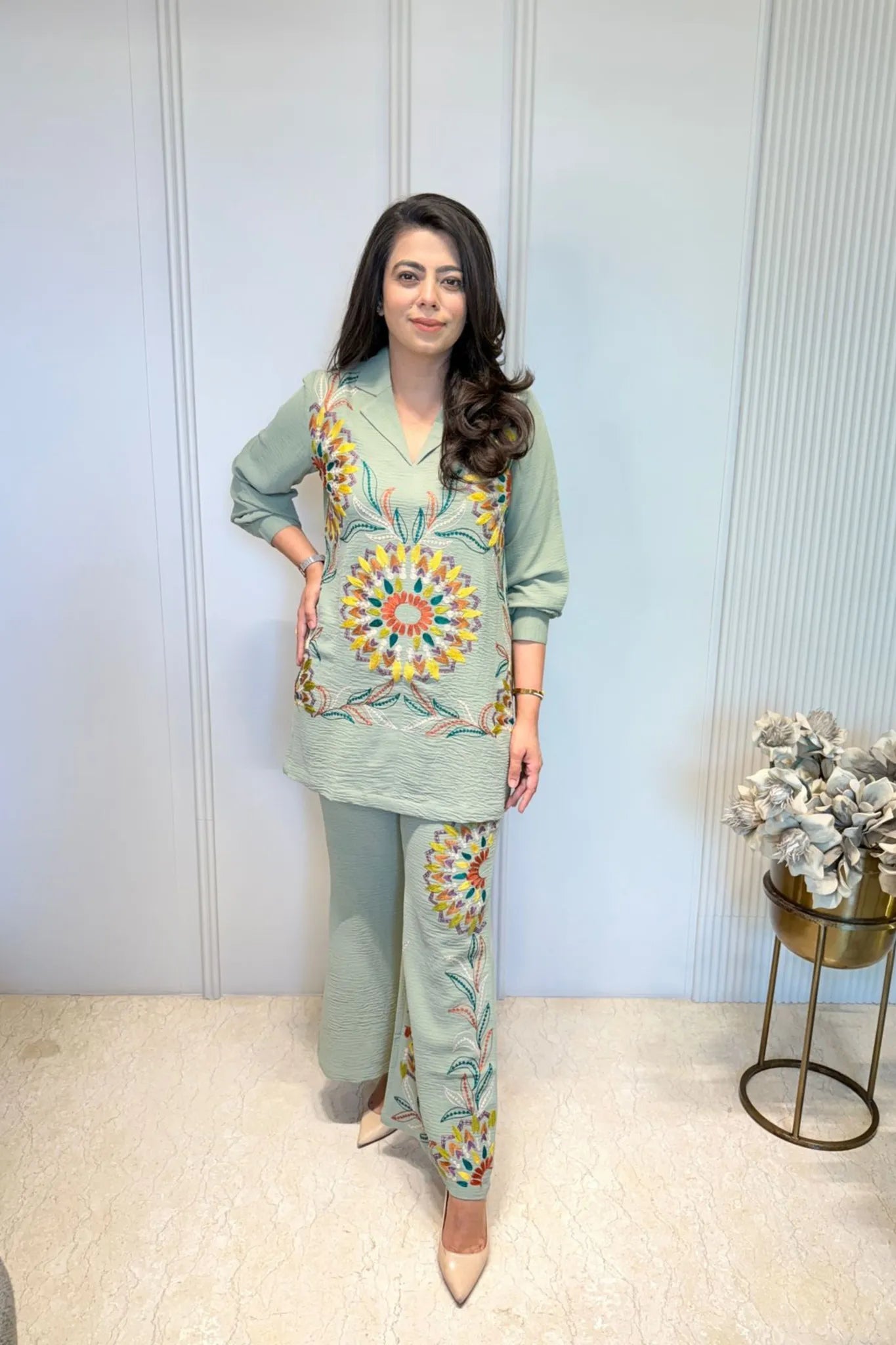 Moss Green Floral Embroidered Co-Ord Set