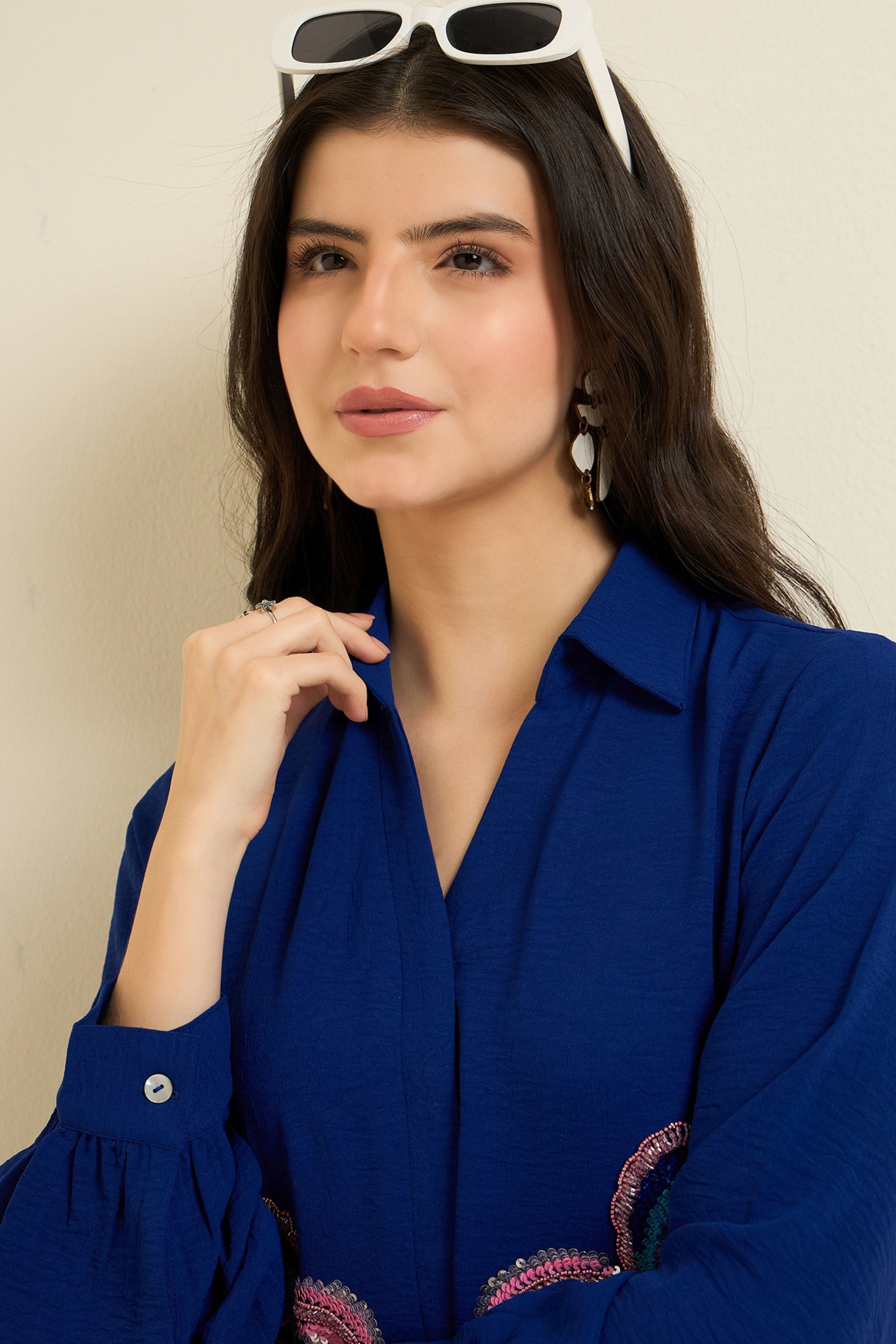 Royal Blue Embellished Floral Shirt