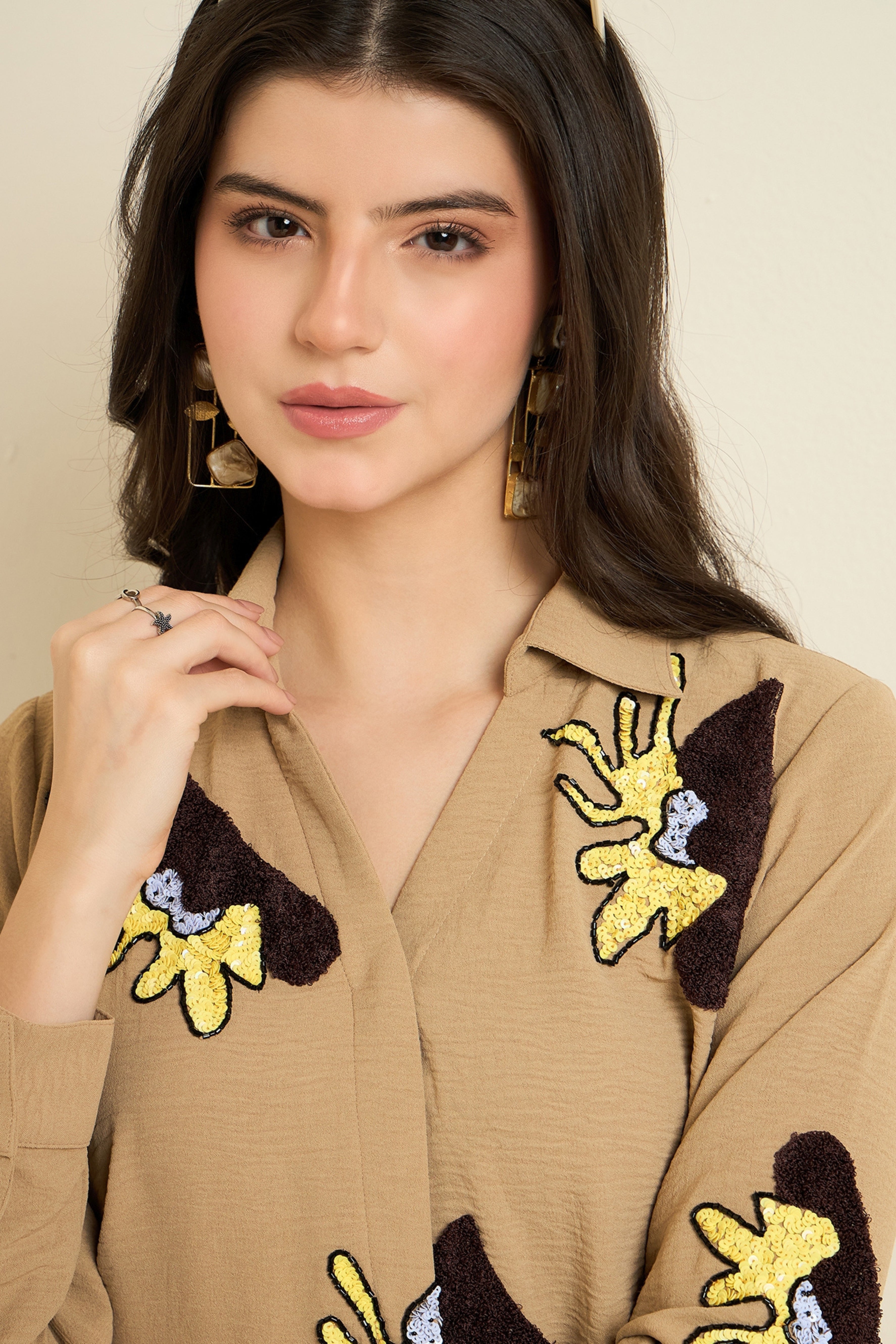 Beige Embellished Button Down Shirt