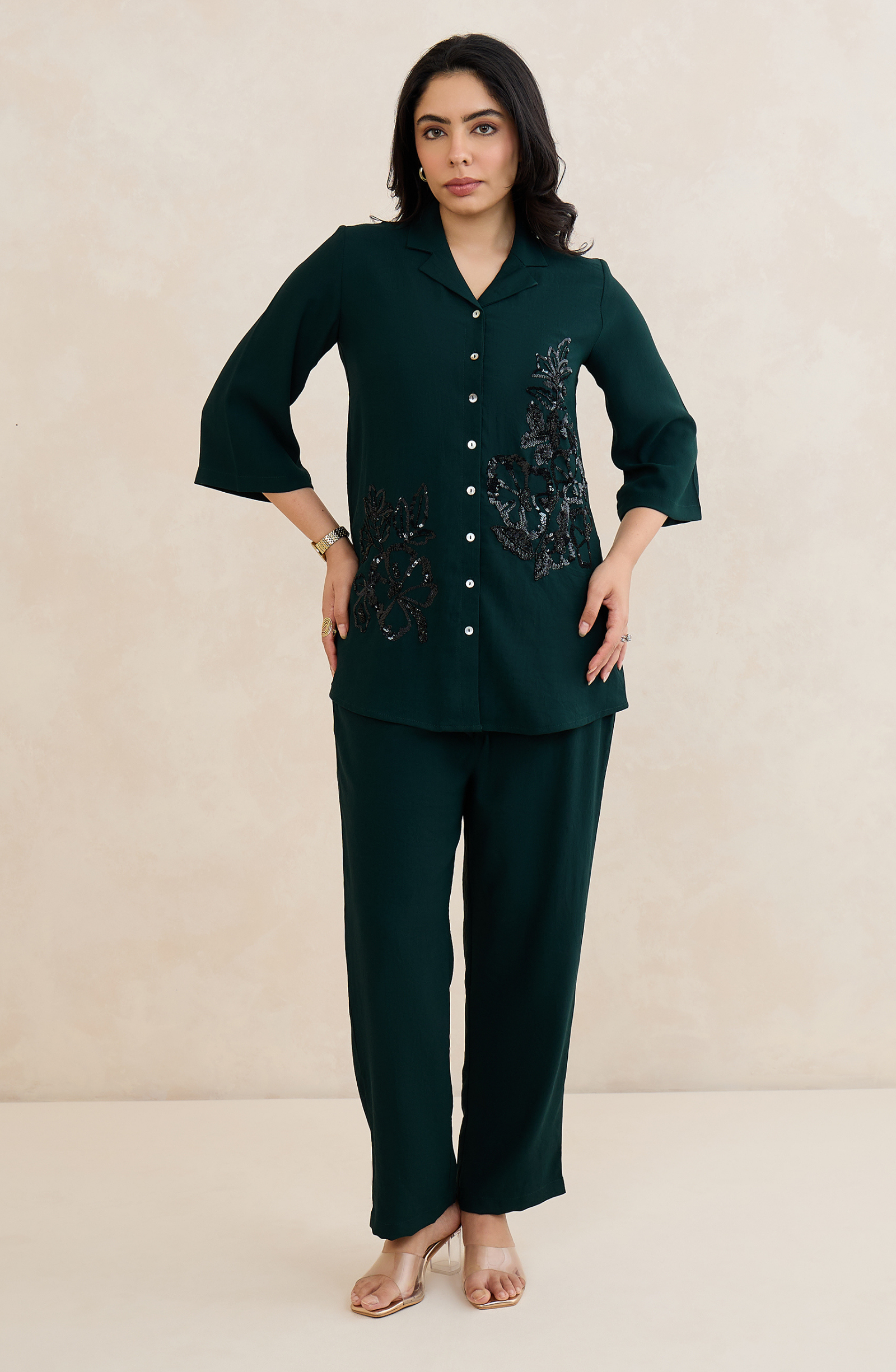 Dark Emerald Floral Sequin Co-Ord Set