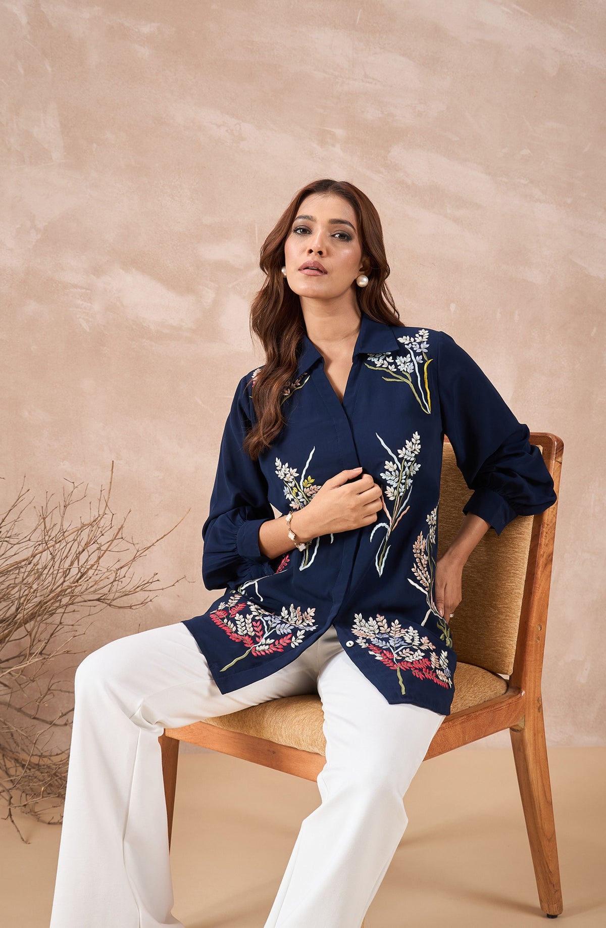 Navy Blue Shirt with Multicolour Wildflower Embroidery