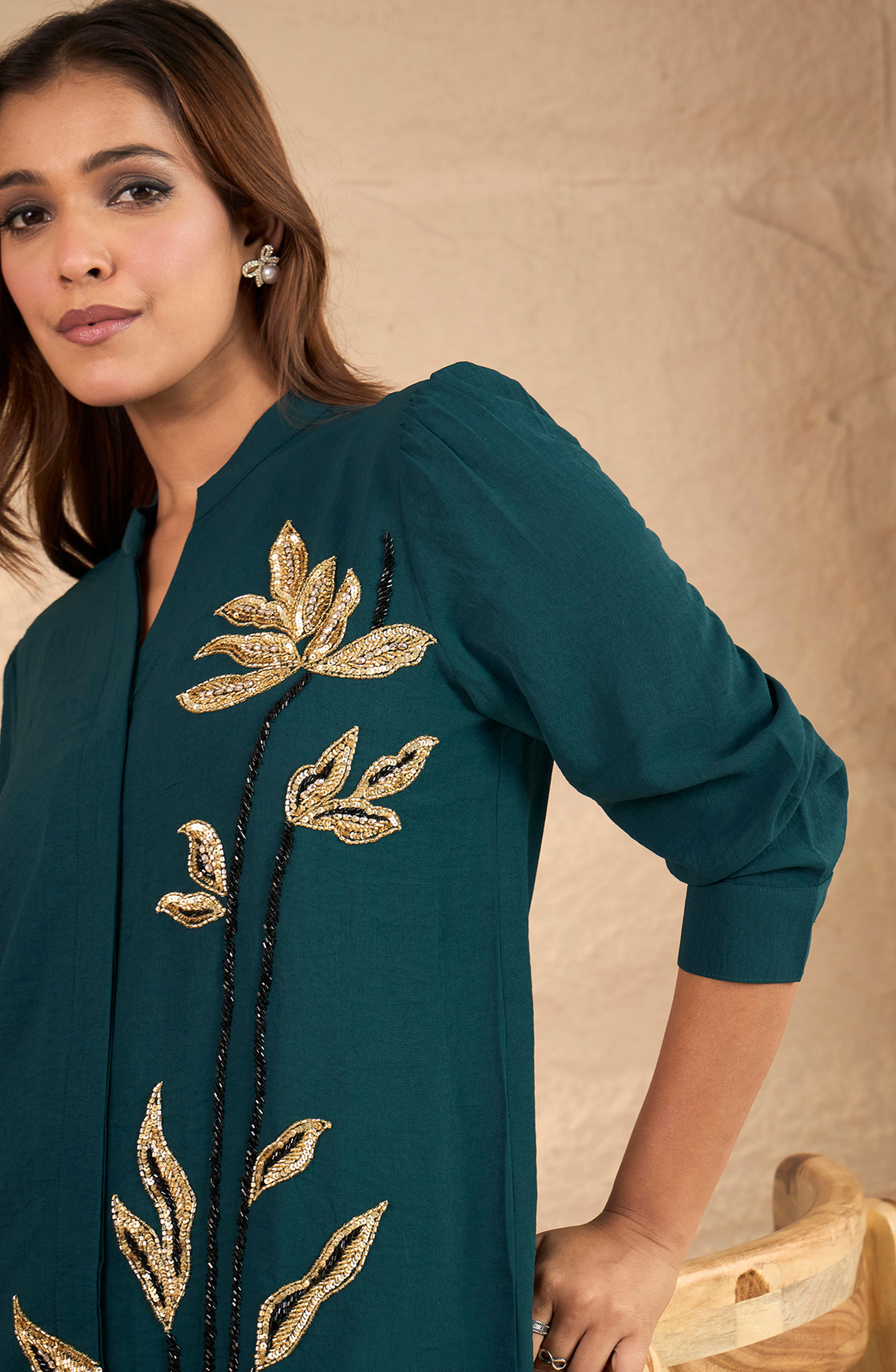 Bottle Green Gold Leaf Embellished Shirt
