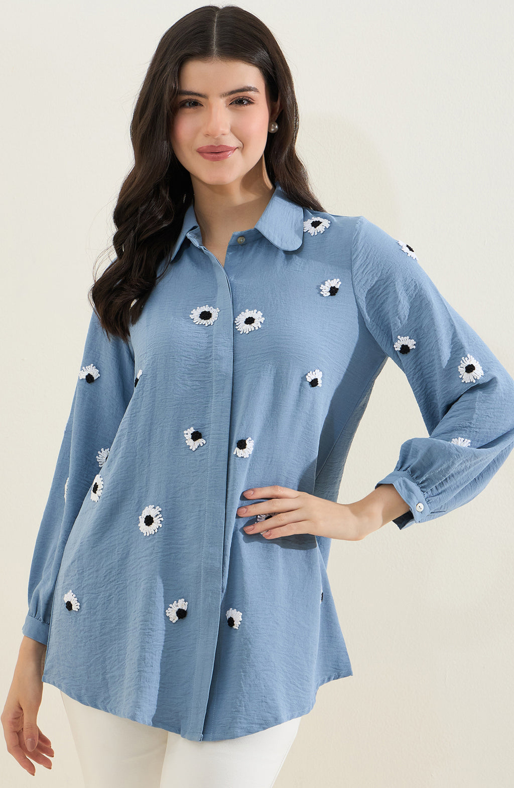 Denim Blue Shirt with Scattered Daisy Embroidery