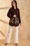 Deep Brown Shirt with Metallic Botanical Embroidery