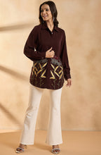 Deep Brown Shirt with Metallic Botanical Embroidery