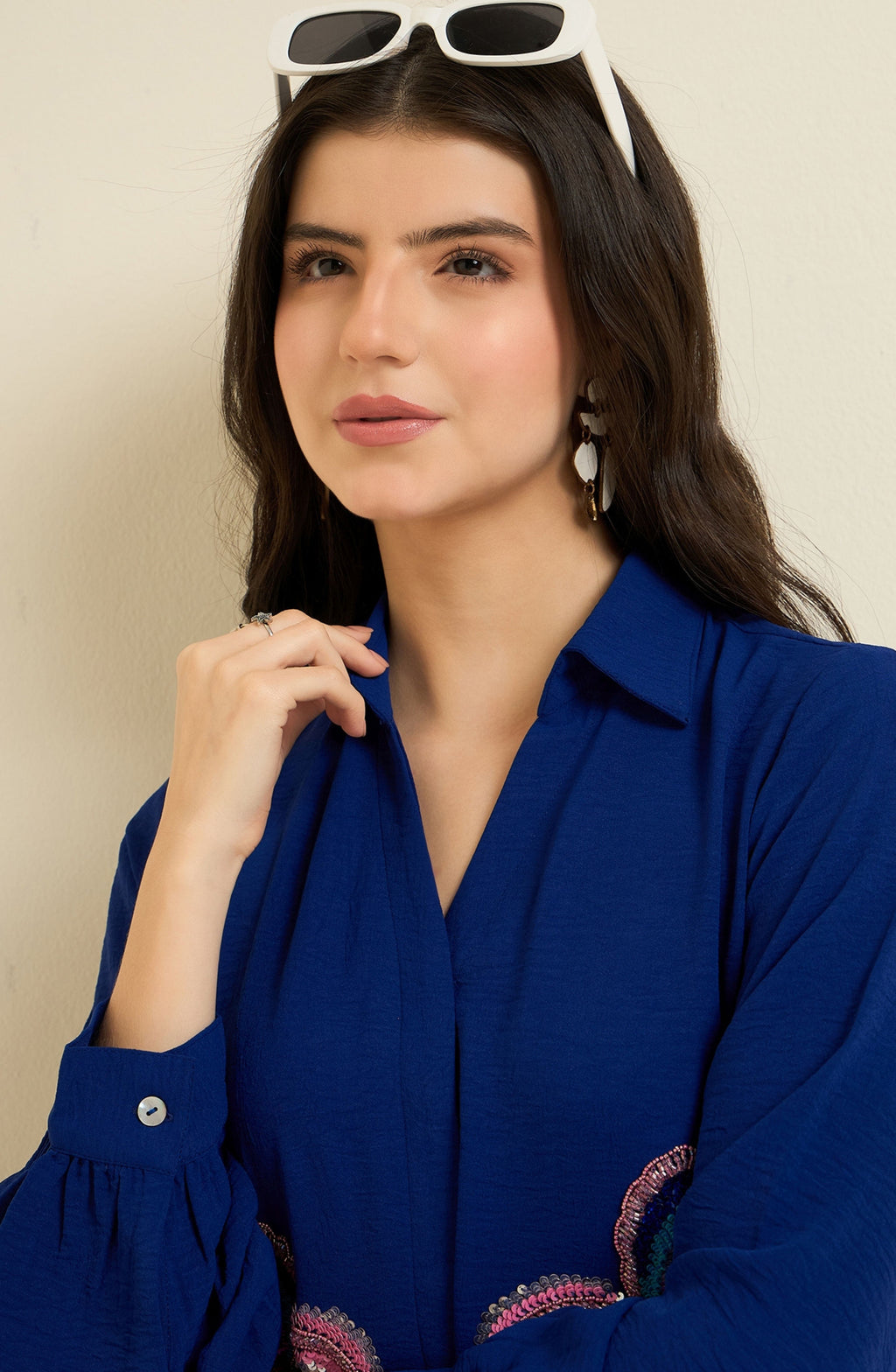 Royal Blue Shirt with Sequin Iris Embroidery