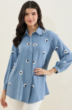 Denim Blue Shirt with Scattered Daisy Embroidery