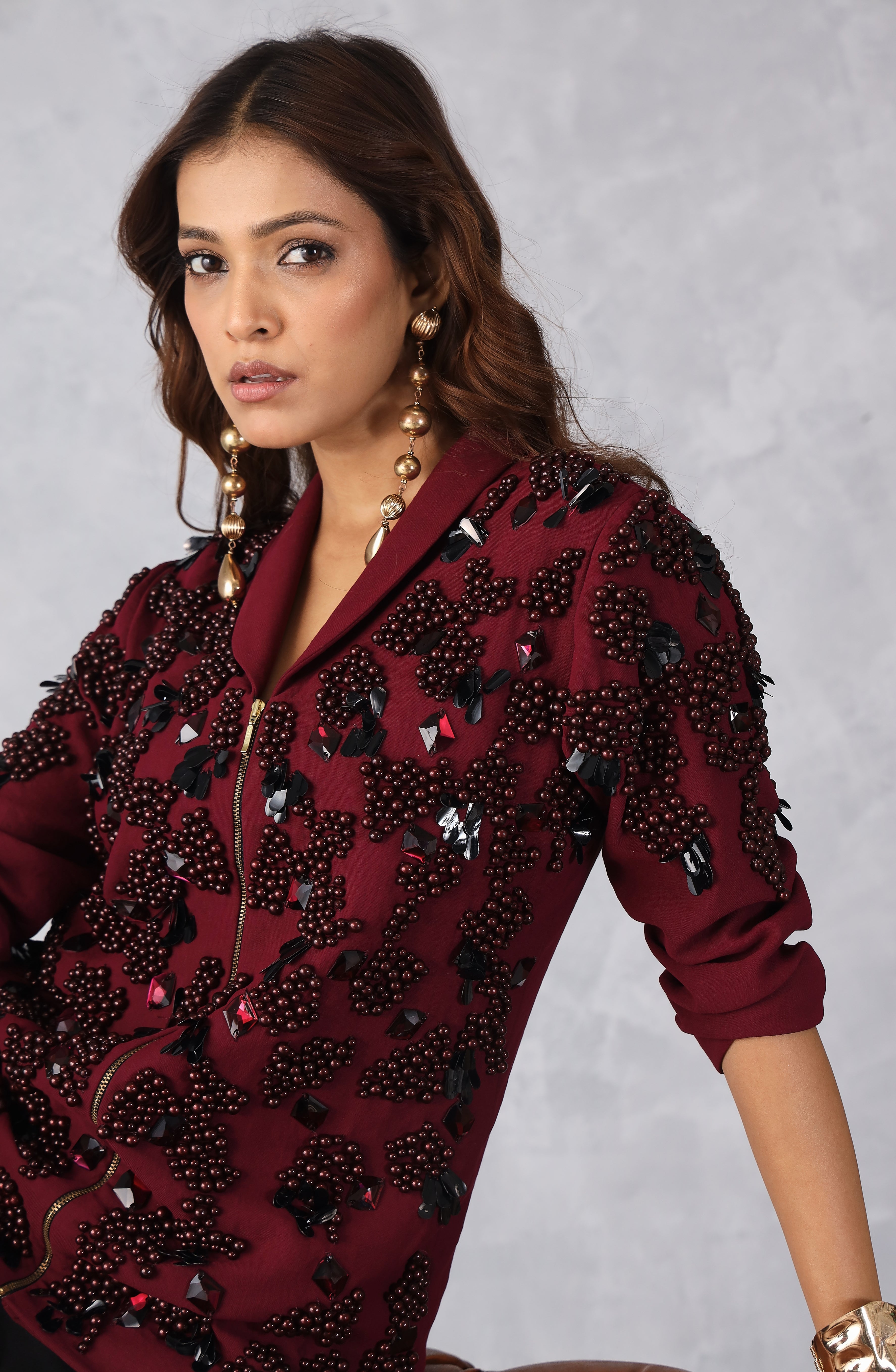 Red Embellished Zip Style Jacket