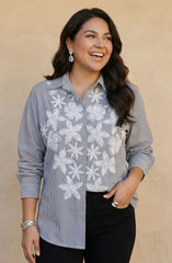 Grey Stripe White Floral Embroidered Shirt