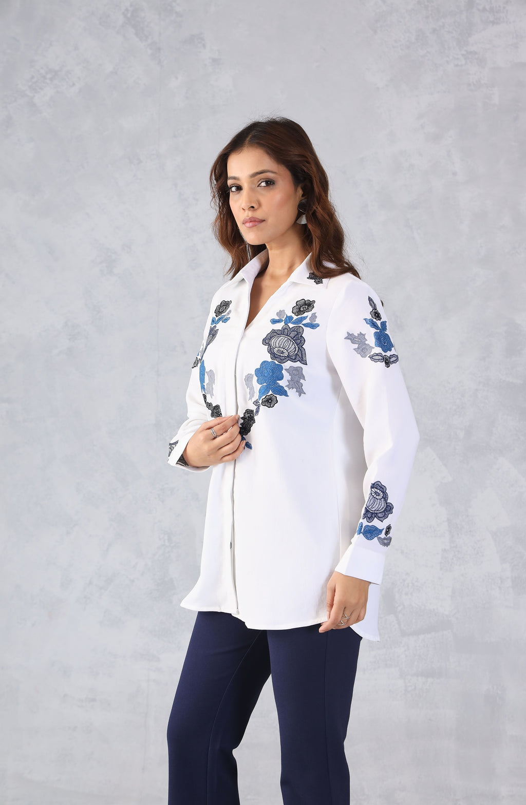 Contrast White & Blue Embroidered Shirt
