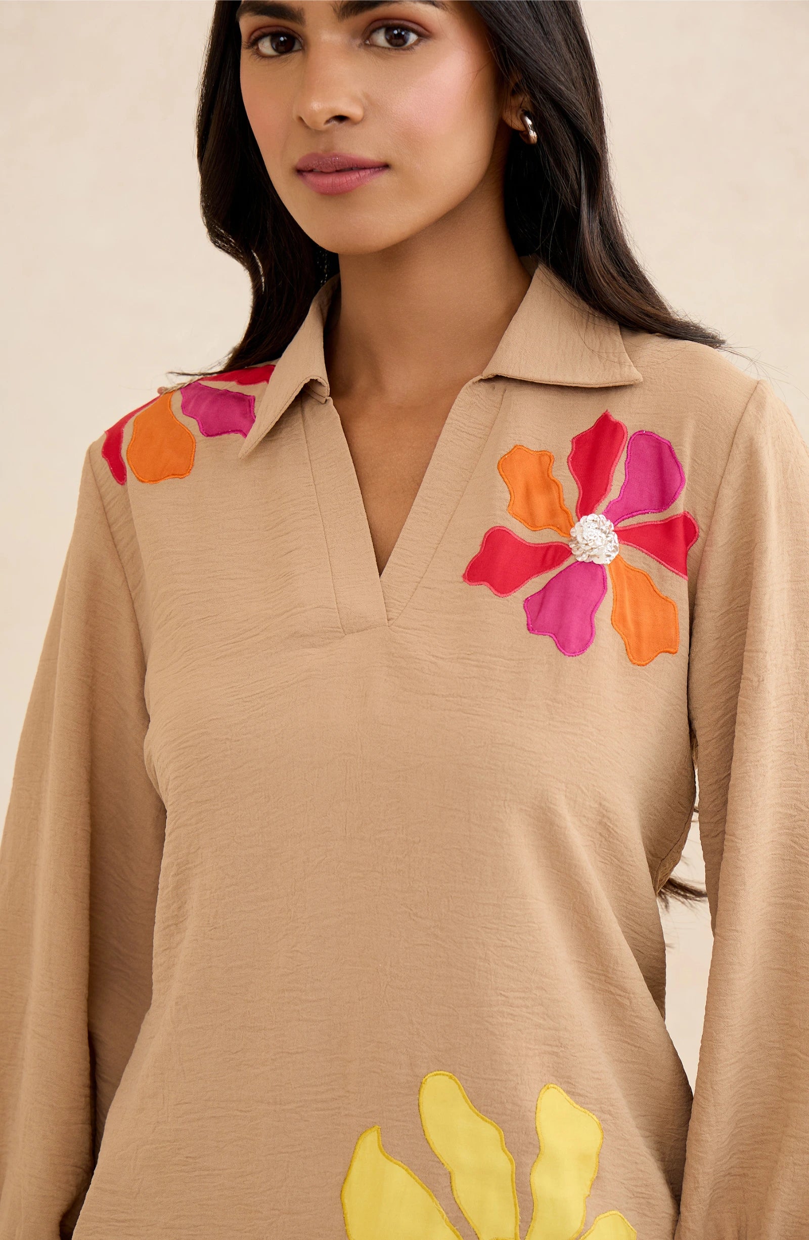 Beige Floral Patchwork Shirt