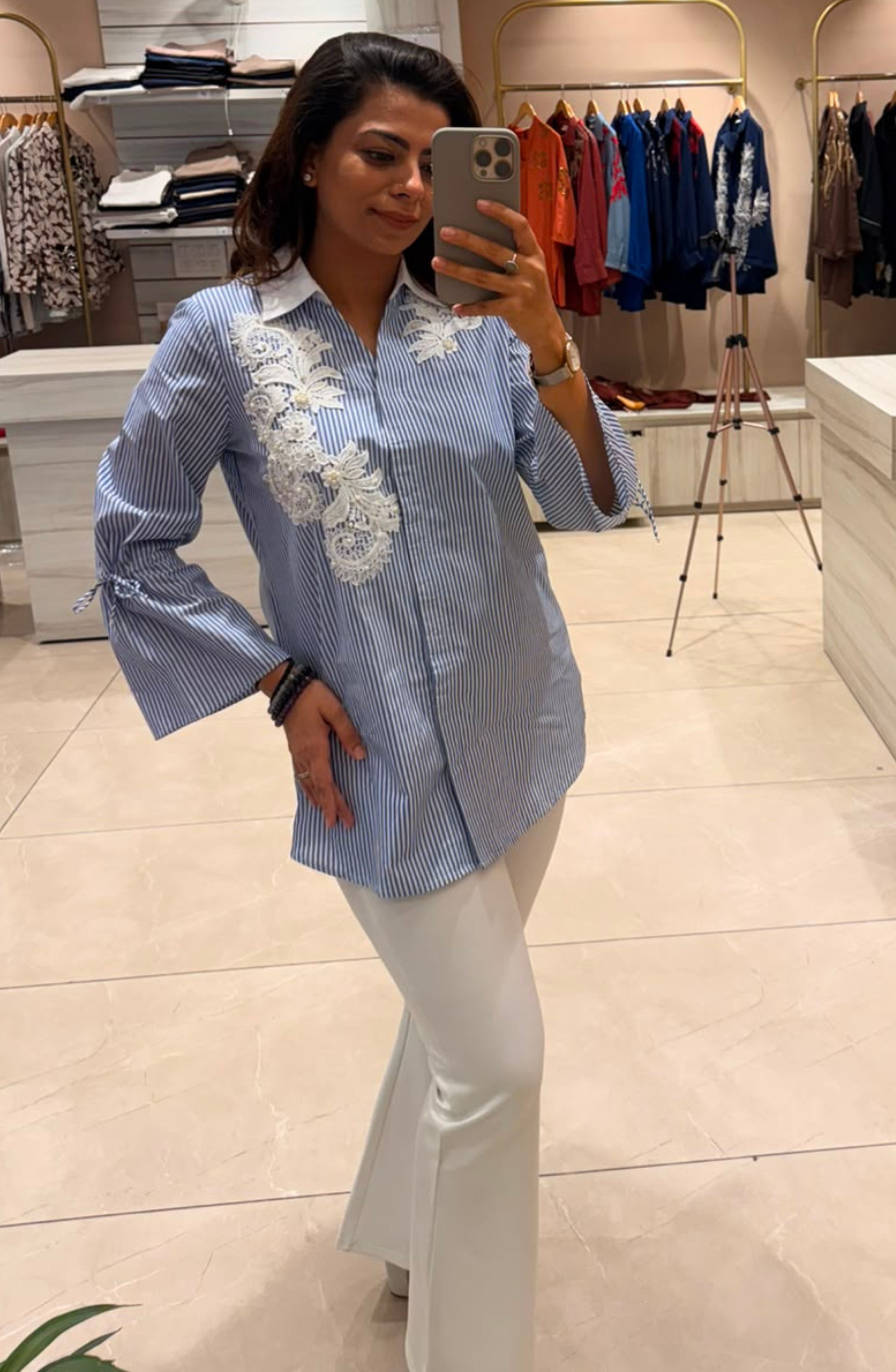 Sky Blue Stripe Floral Embroidered Shirt