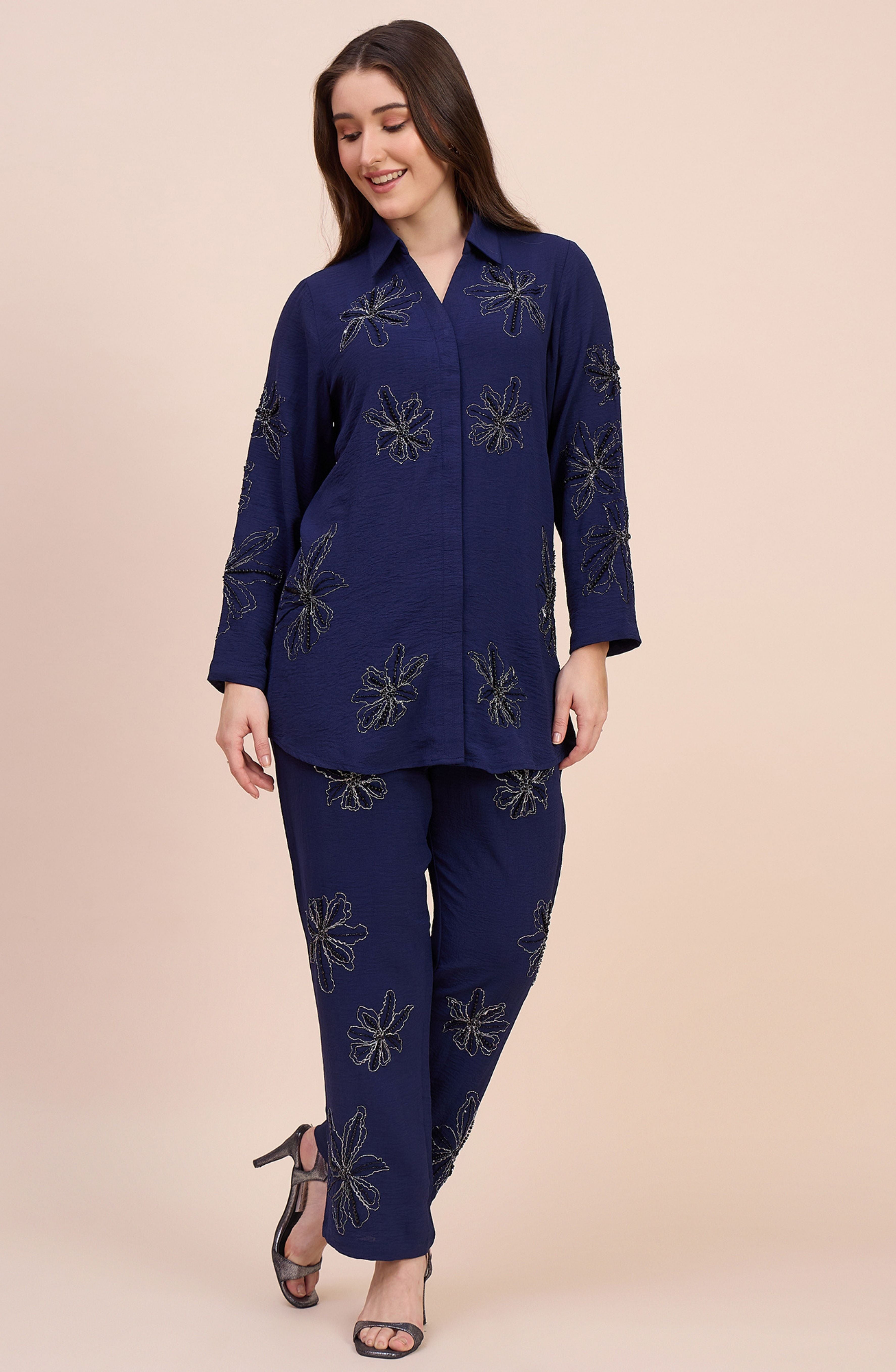 Navy Co-ord Set with All-Over Beaded Floral Motifs