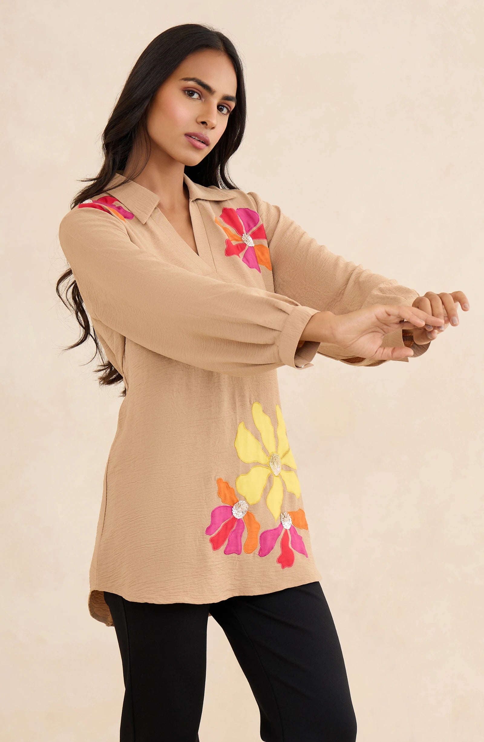 Beige Floral Patchwork Shirt
