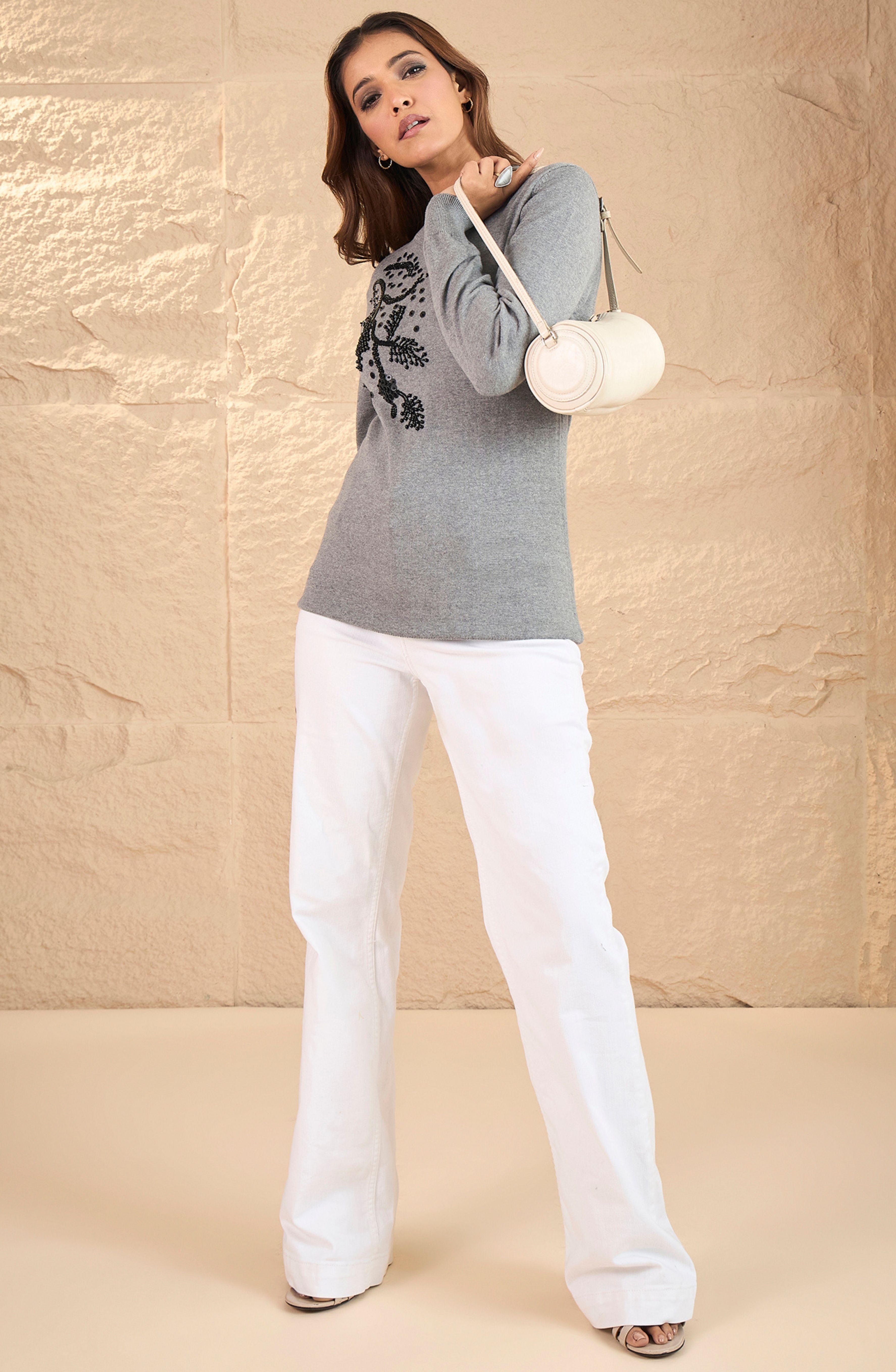 Grey Beaded Floral Embellished Sweater