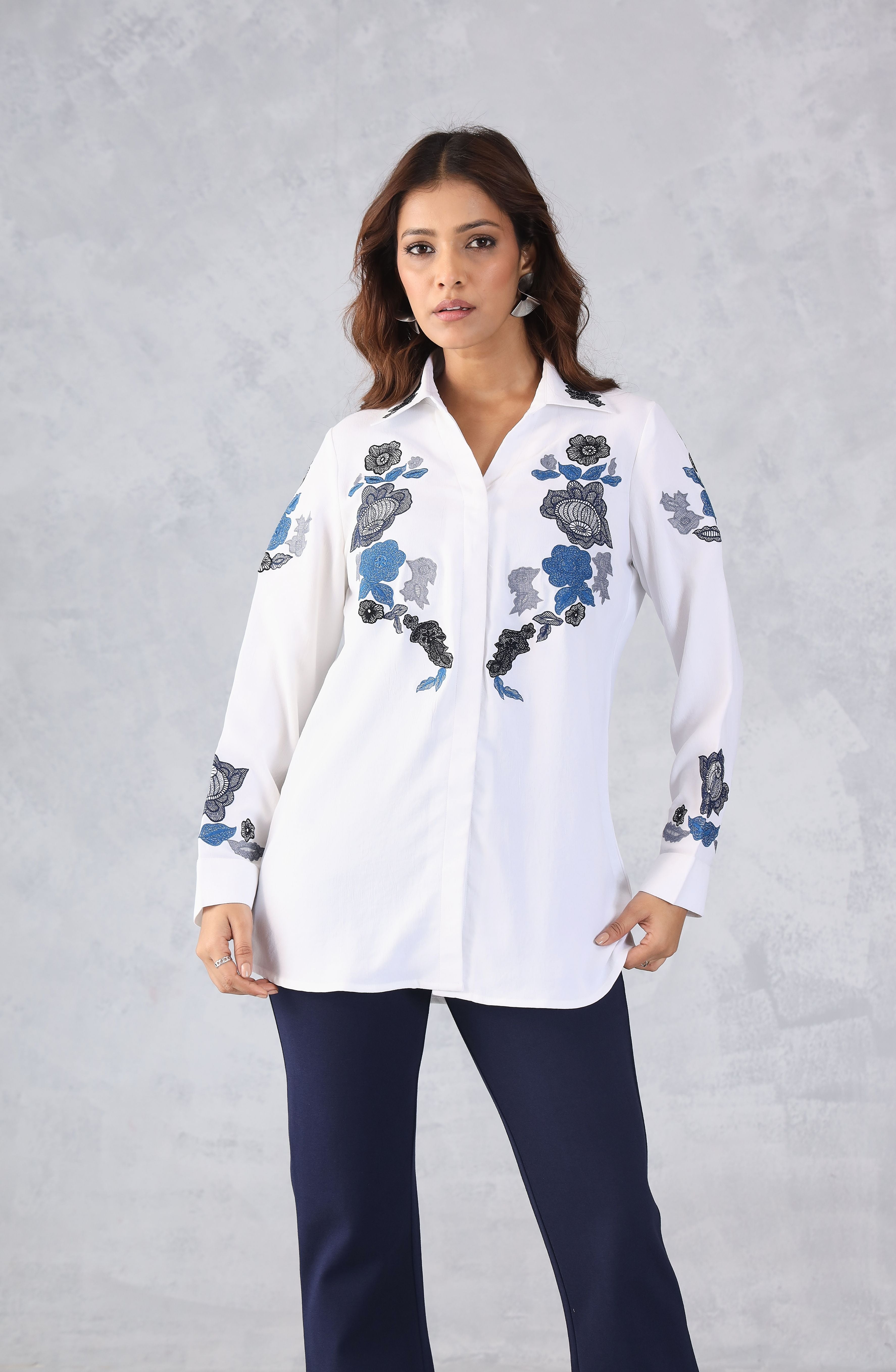 Contrast White & Blue Embroidered Shirt