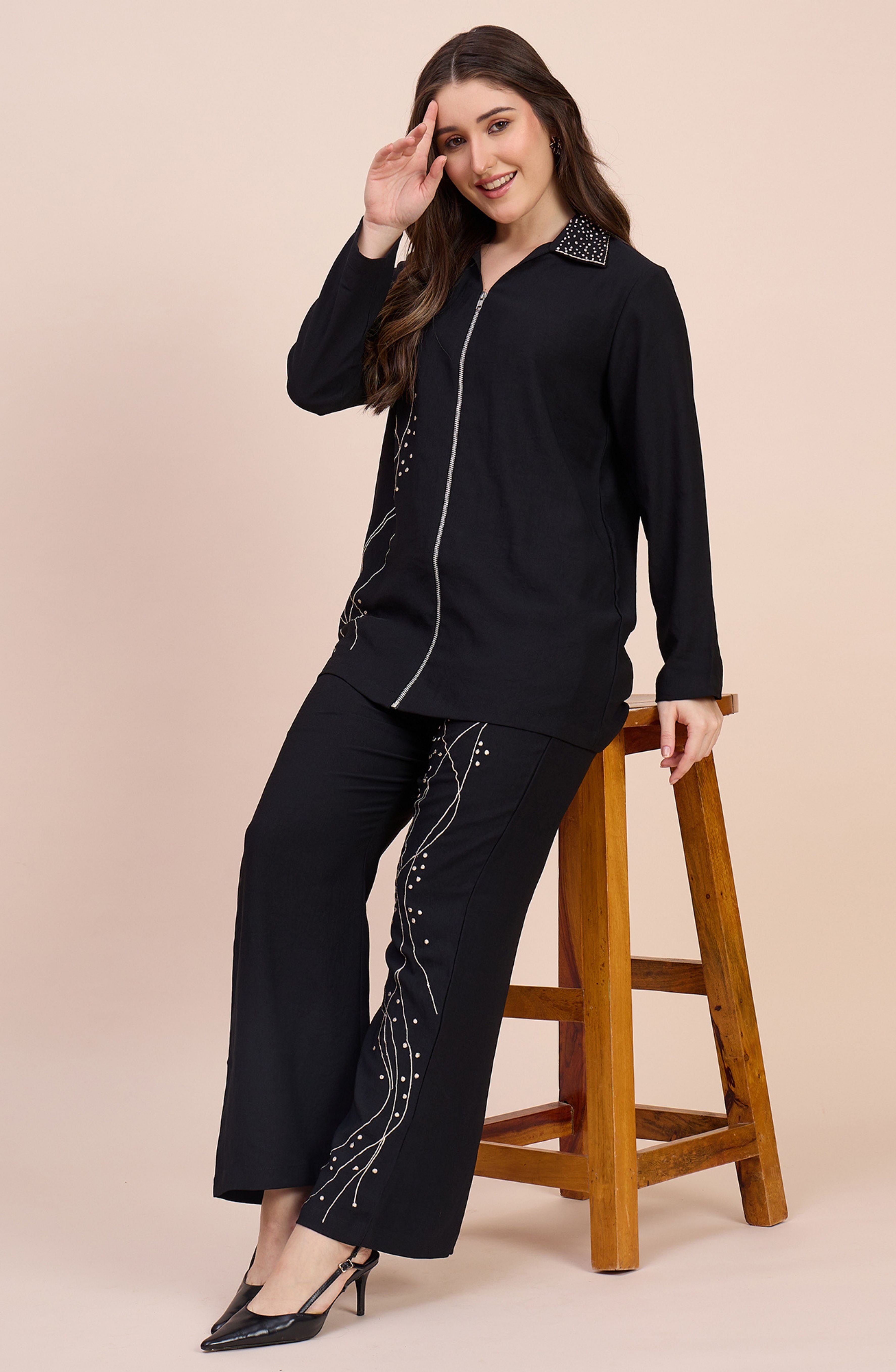 Black Co-ord Set with Zari Thread & Bead Embroidery