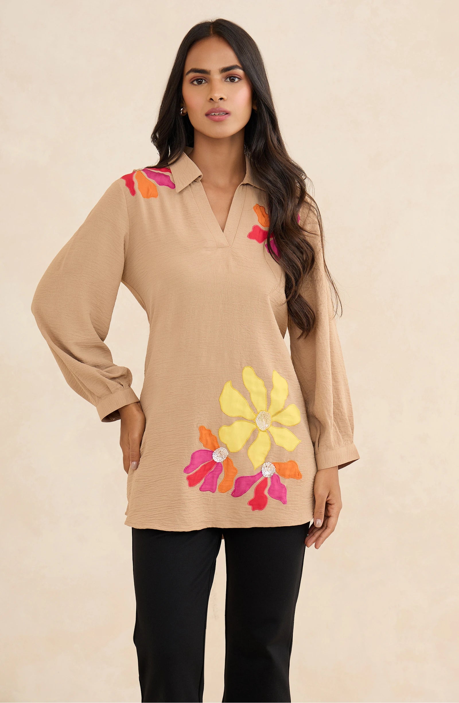 Beige Floral Patchwork Shirt