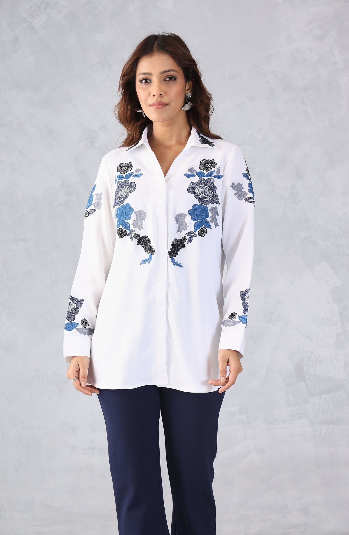 Contrast White & Blue Embroidered Shirt