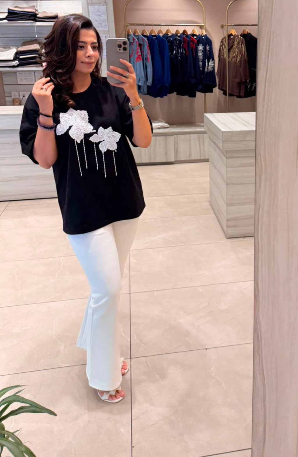 Black Floral Sequin T-Shirt