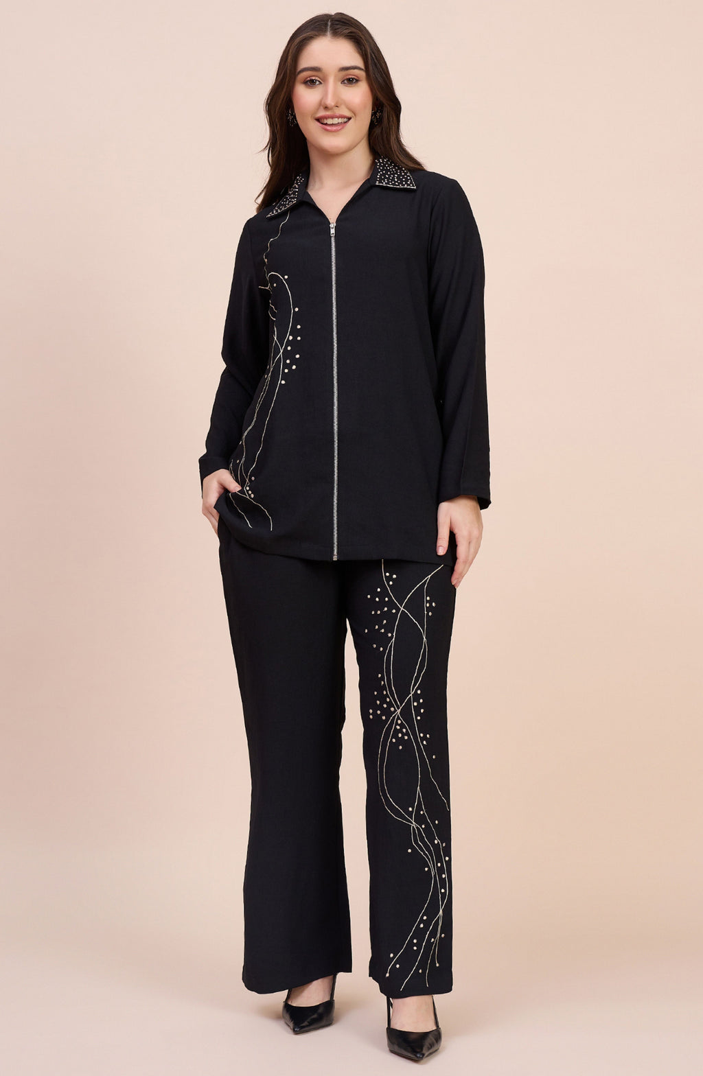Black Co-ord Set with Zari Thread & Bead Embroidery
