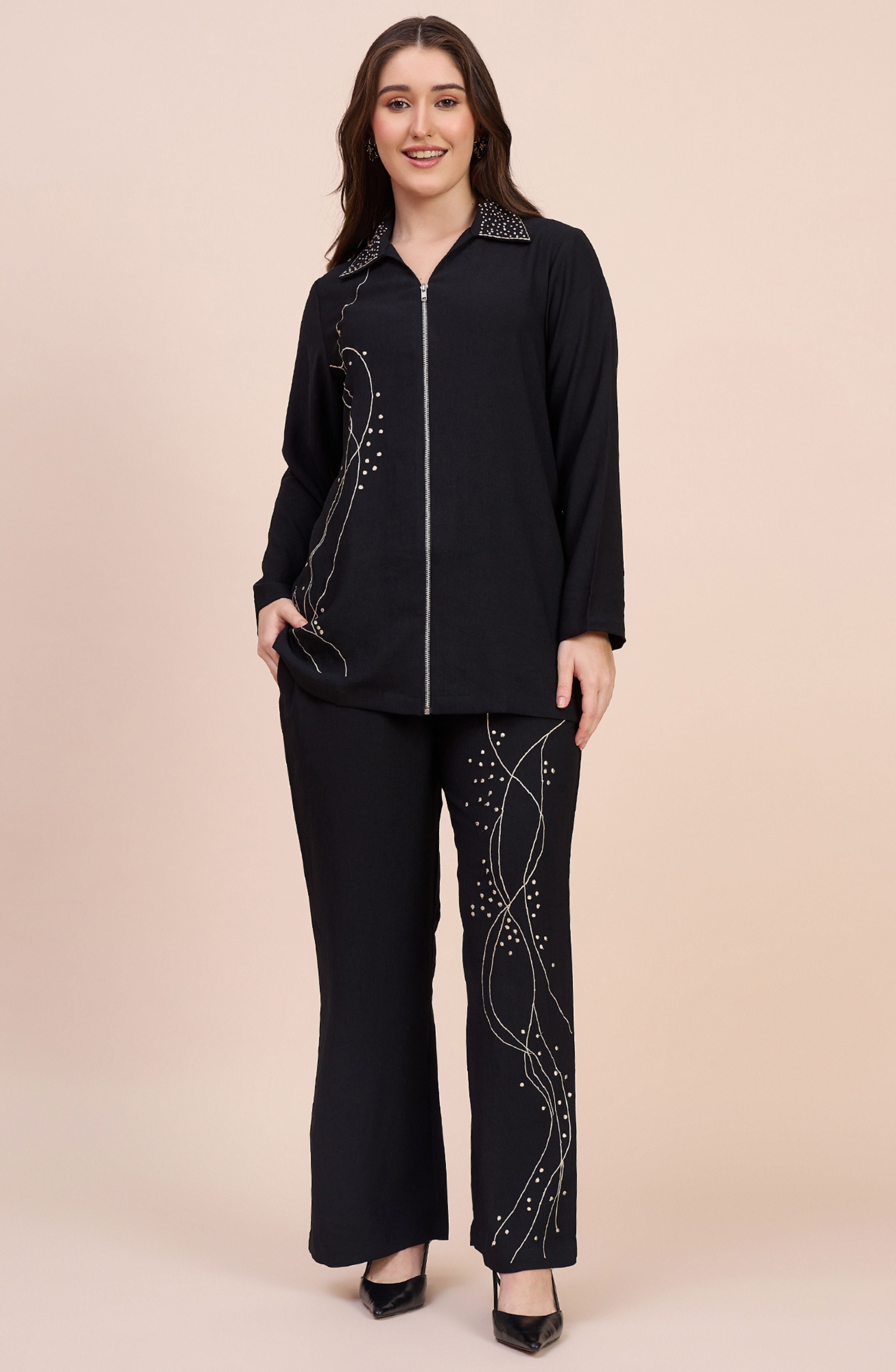 Black Co-ord Set with Zari Thread & Bead Embroidery