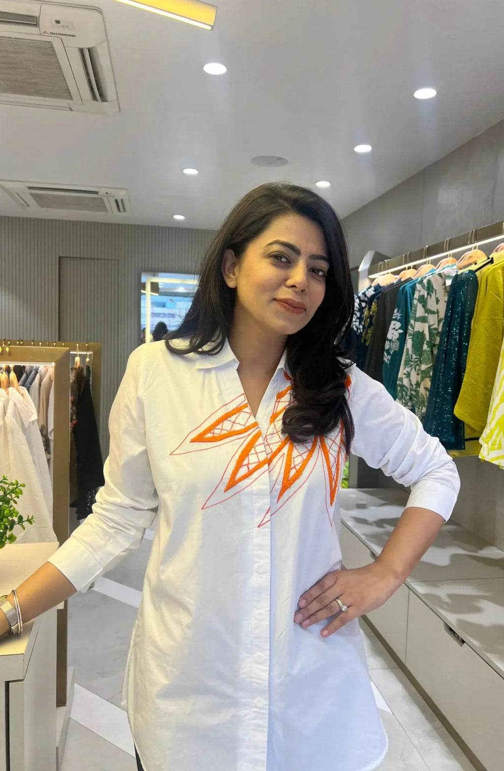 White Orange Embroidered Shirt