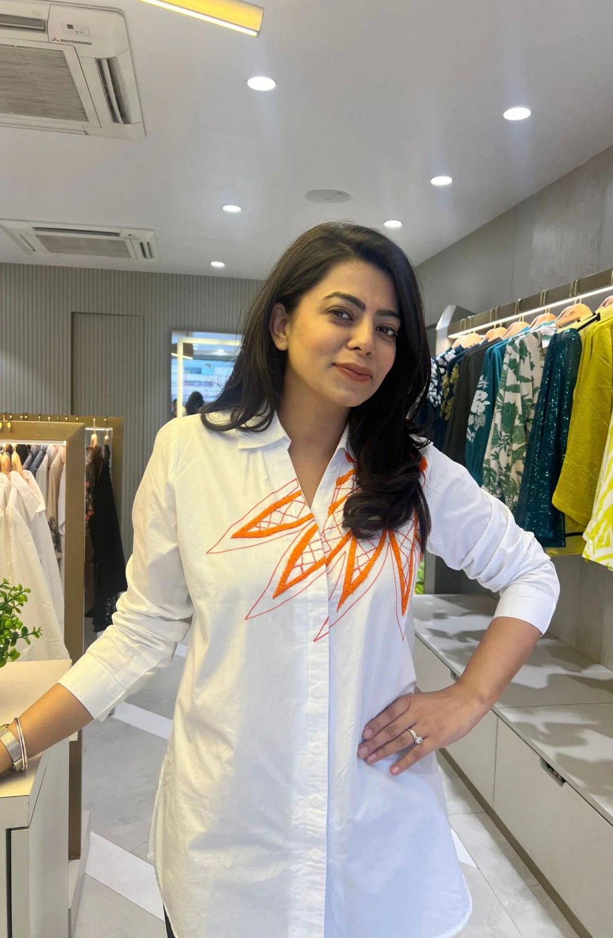 White Orange Embroidered Shirt