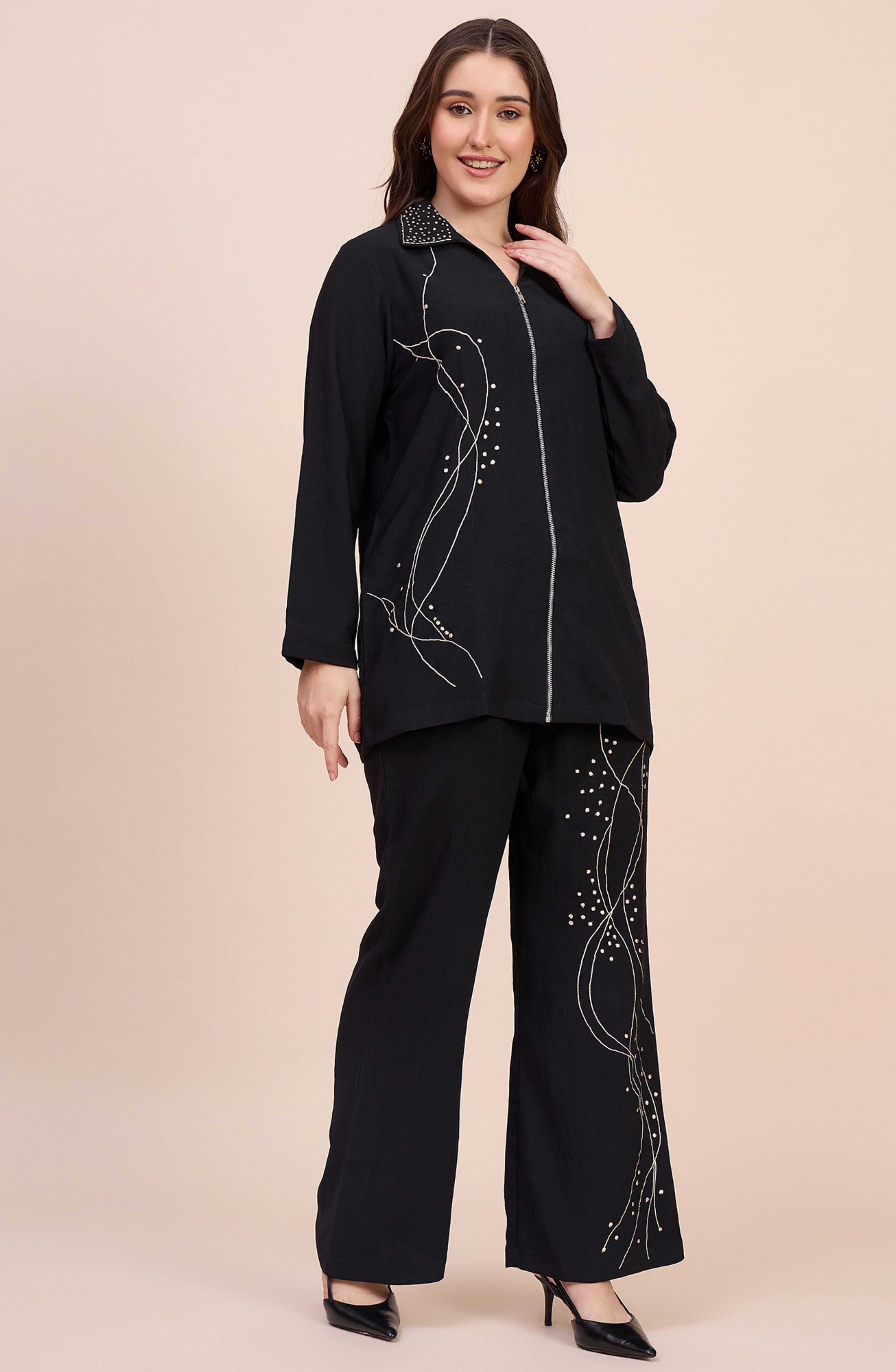 Black Co-ord Set with Zari Thread & Bead Embroidery