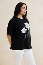 Black Floral Sequin T-Shirt