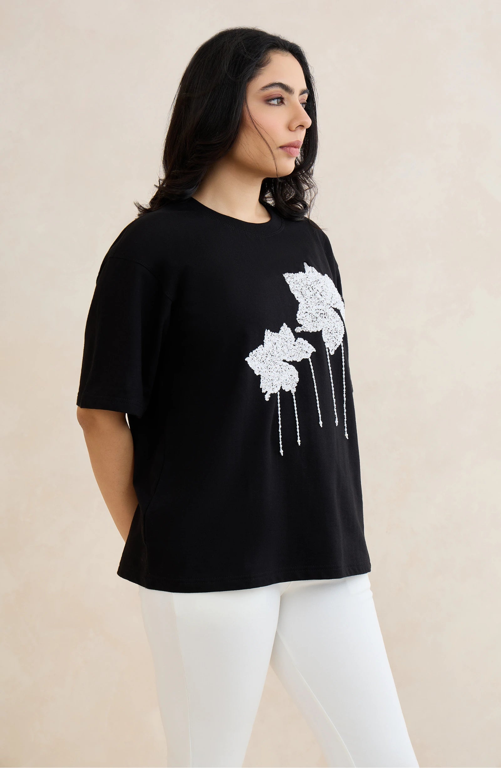 Black Floral Sequin T-Shirt