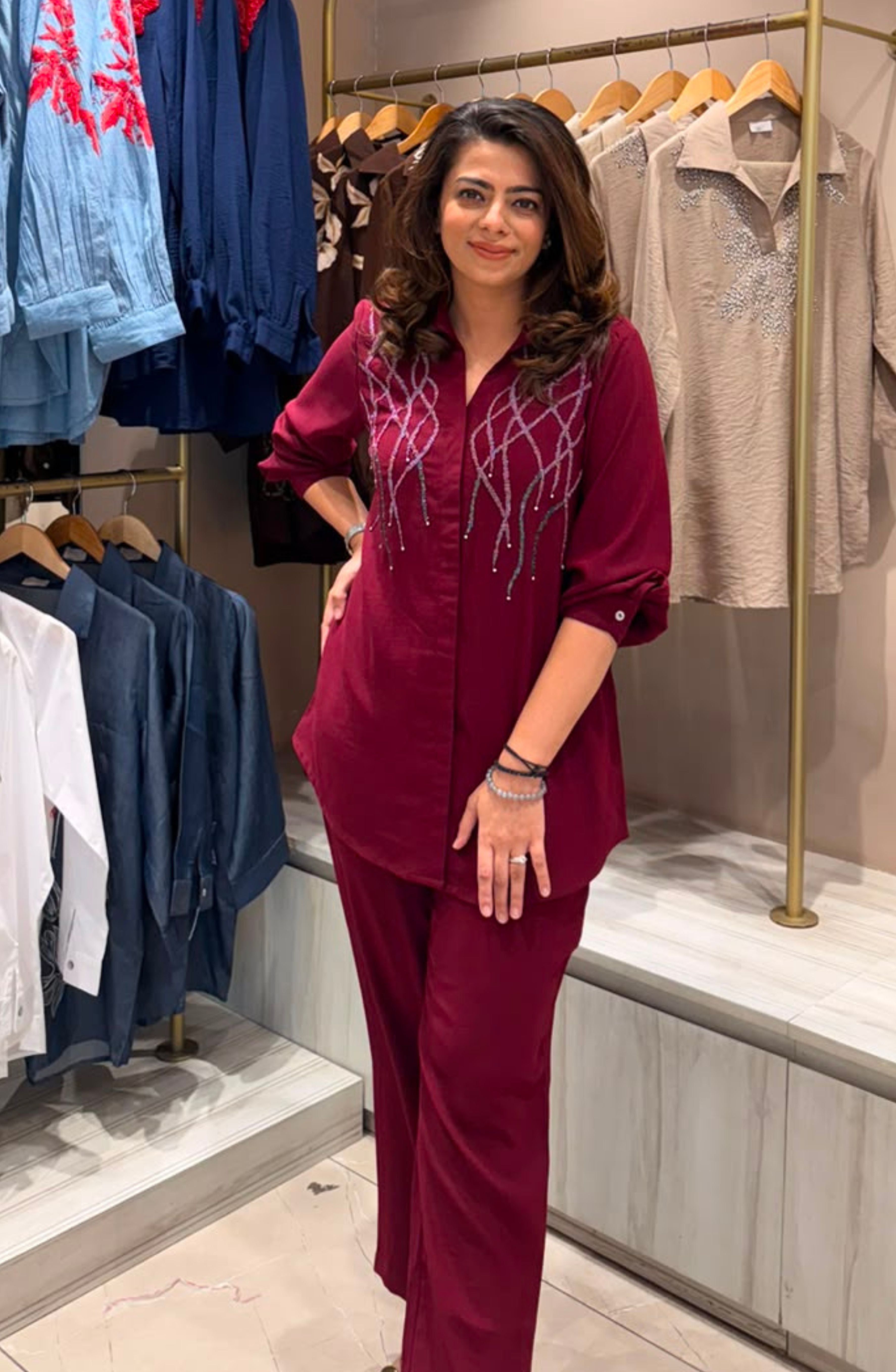 Wine Elegant Embellished Co-Ord Set