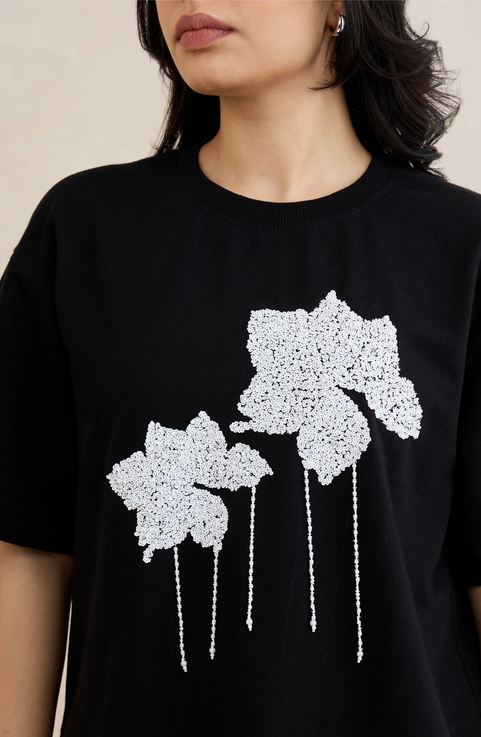 Black Floral Sequin T-Shirt
