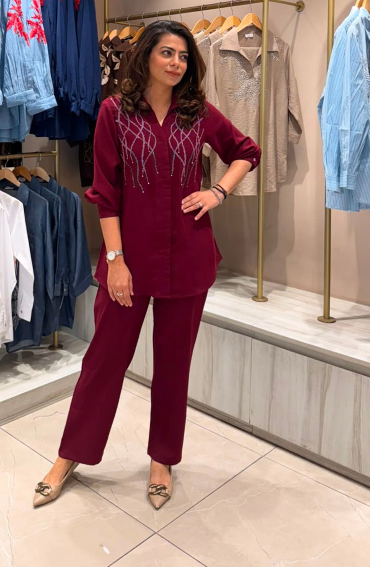 Wine Elegant Embellished Co-Ord Set
