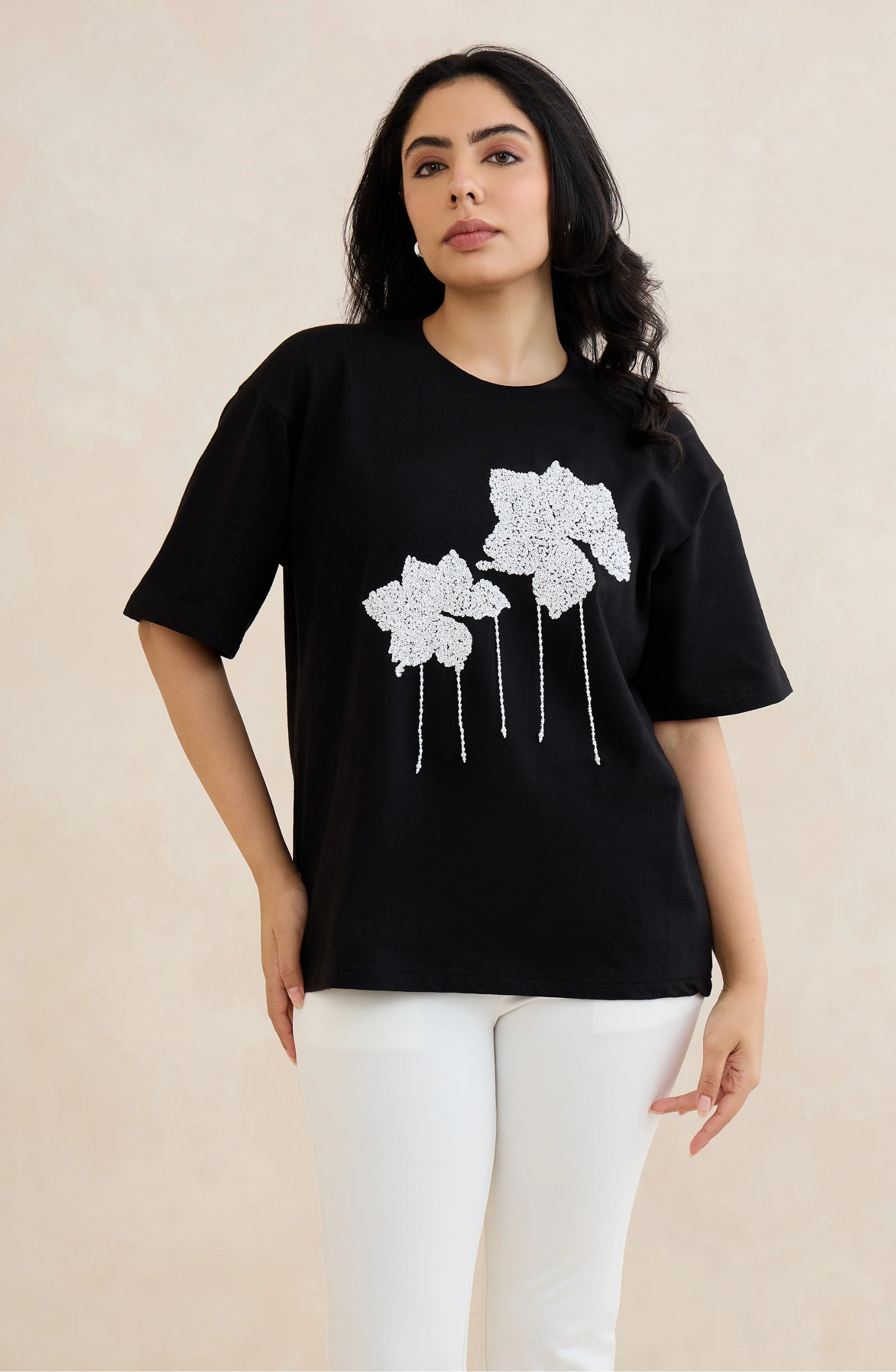 Black Floral Sequin T-Shirt