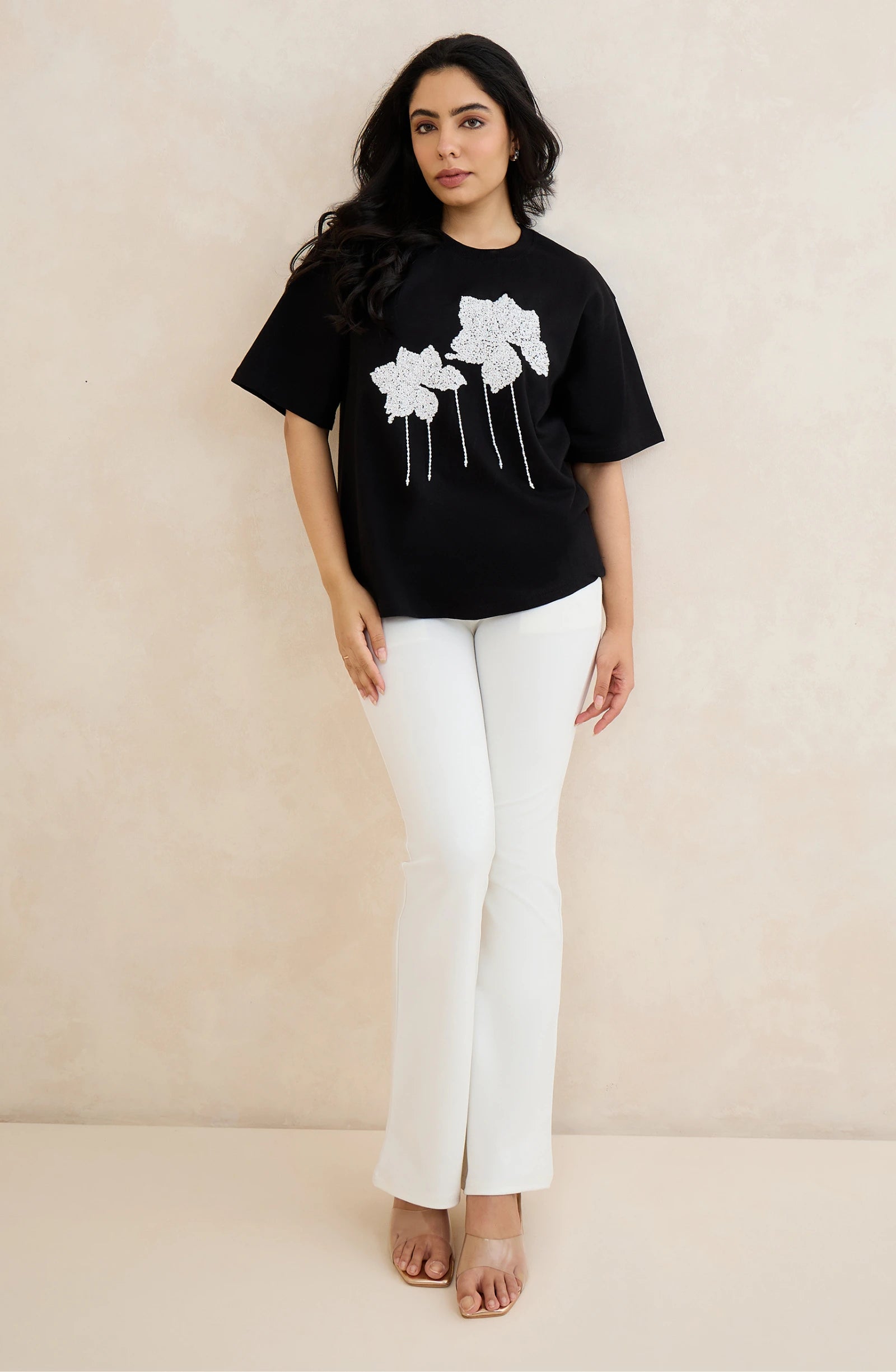 Black Floral Sequin T-Shirt