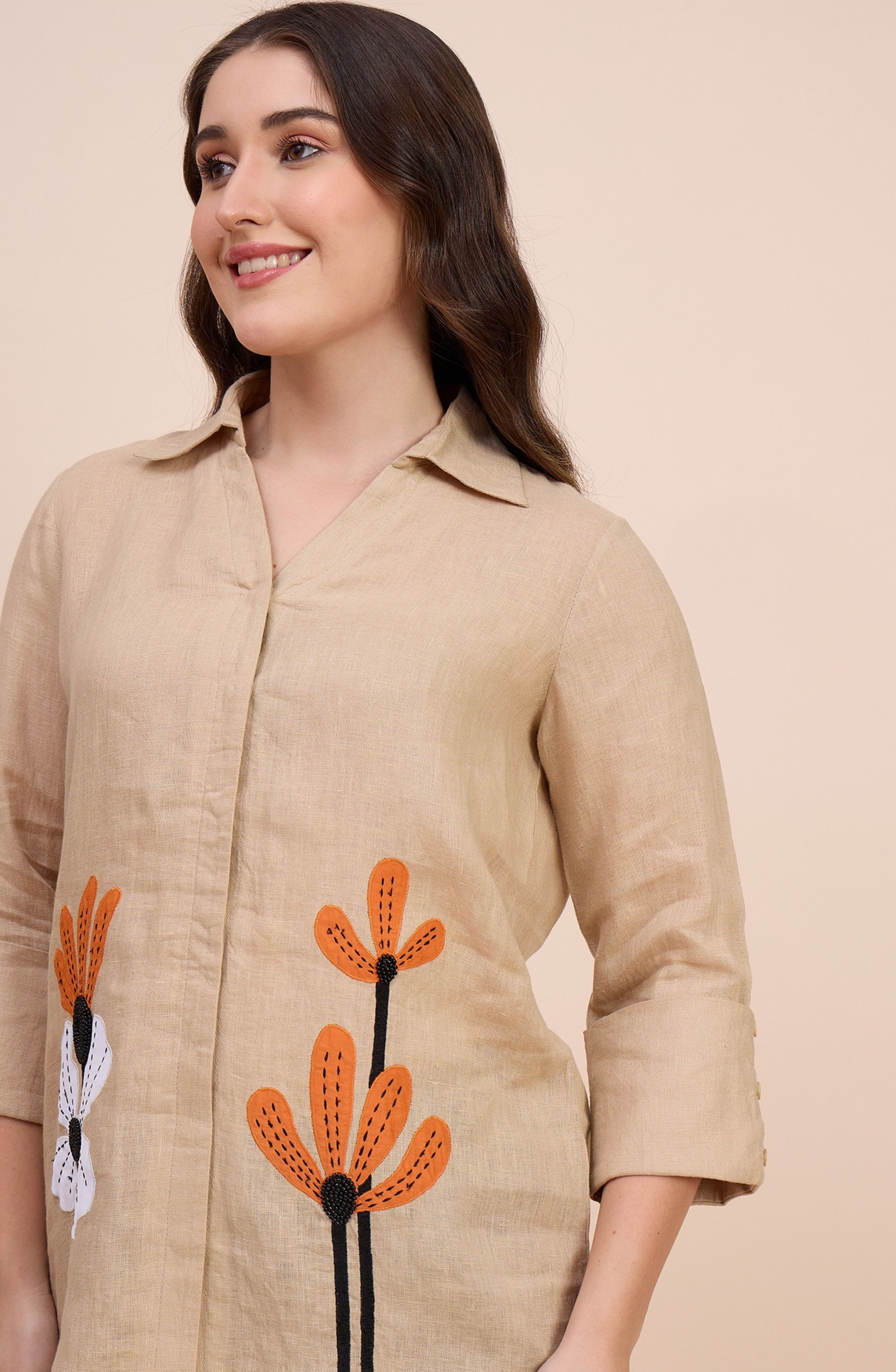 Beige Shirt with Applique Floral Motif