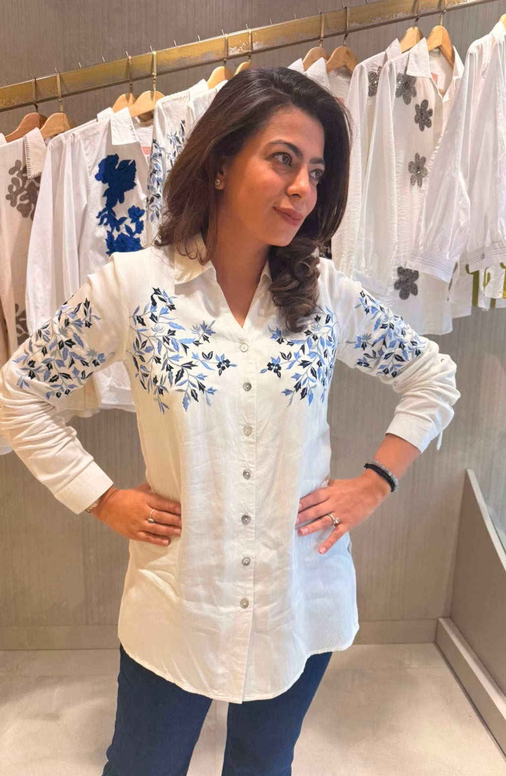 White and Blue Floral Embroidered Shirt