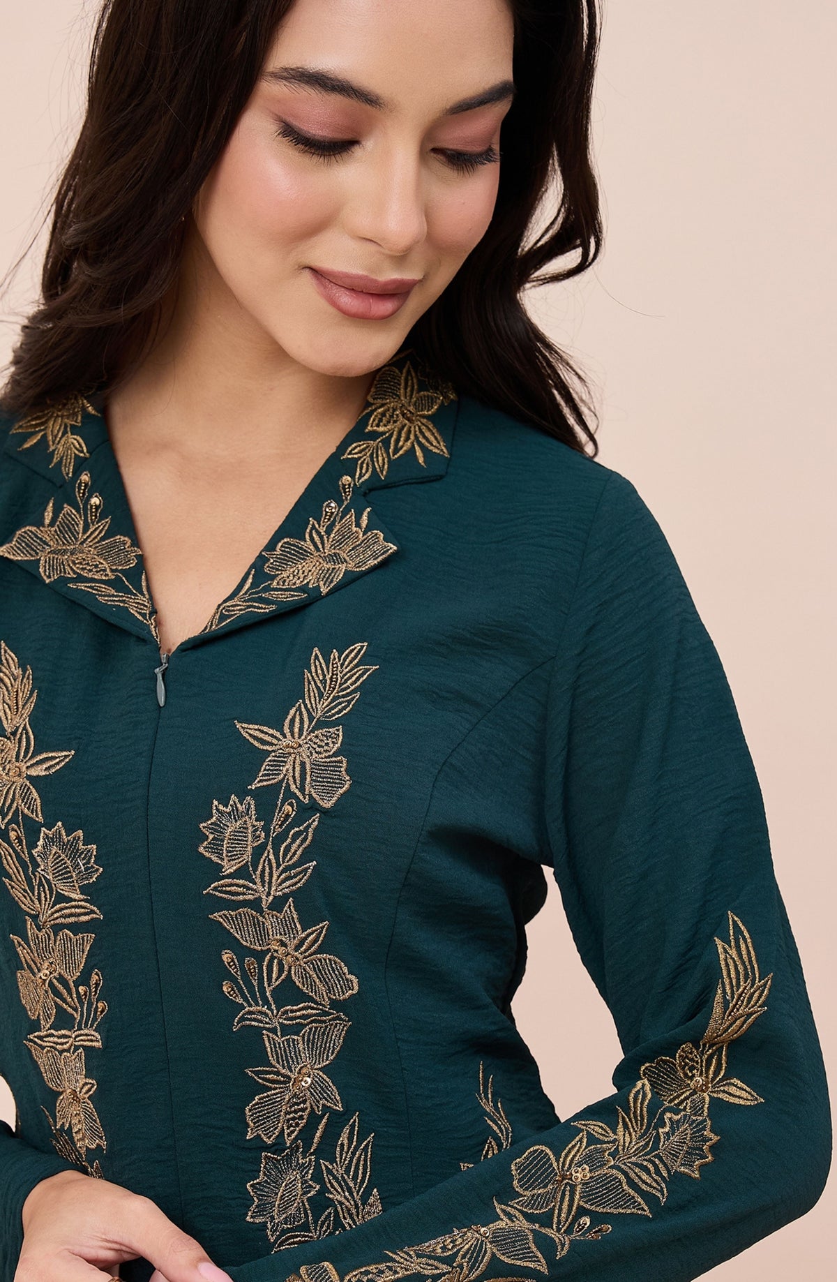 Bottle Green Zari Embroidered Co-ord Set